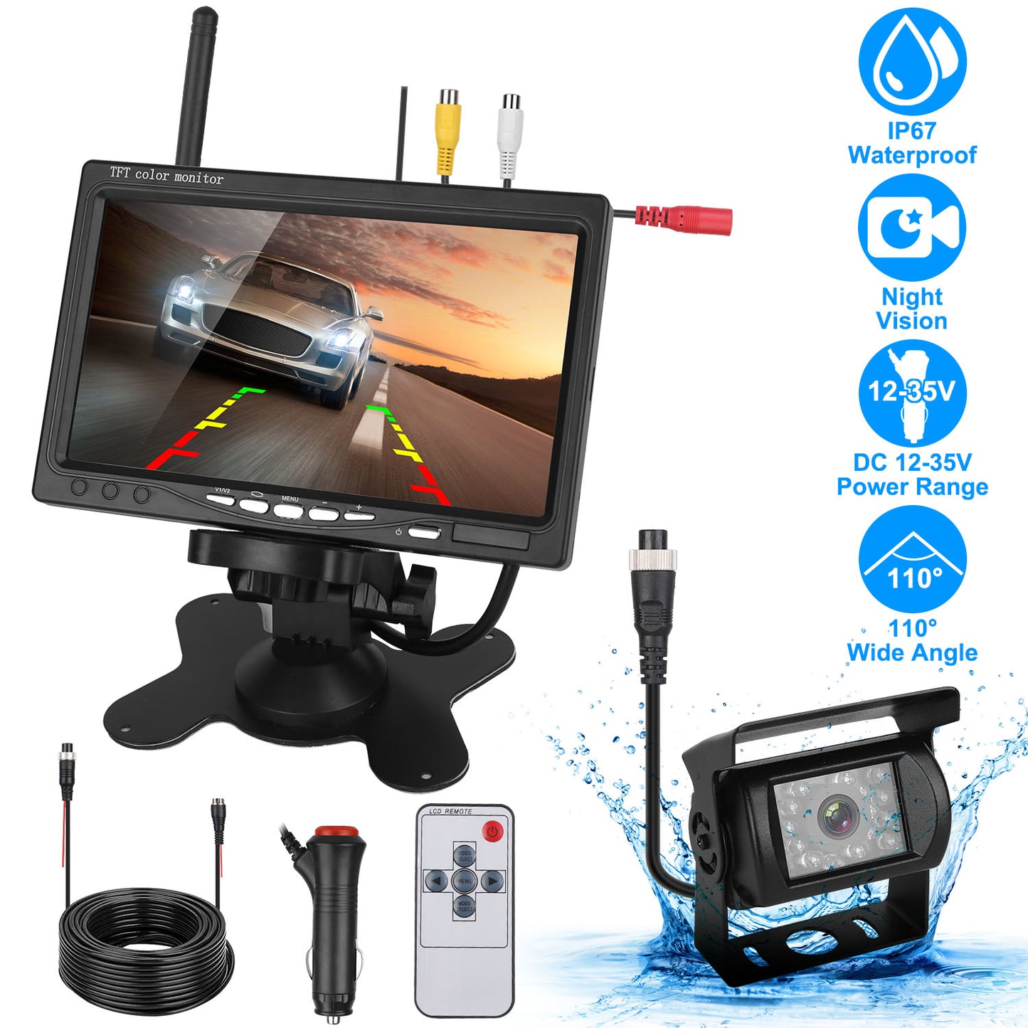 LJGelectro - Wireless Backup Camera System Vehicle Rear View Monitor Kit IP67 Waterproof Car Parking Reverse System with 7In Screen Night Vision 2.4G Stable Signal