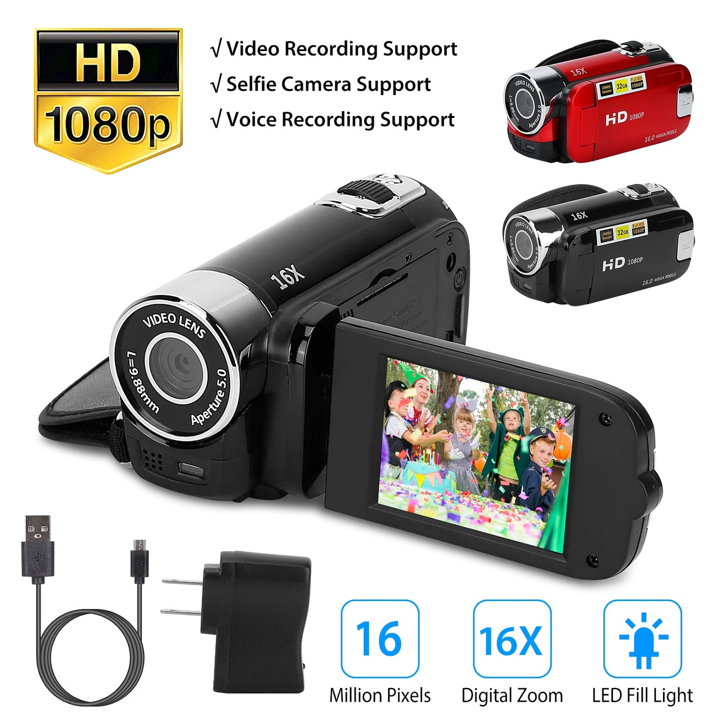 LJGelectro - HD 1080P Digital Video Camcorder 2.7in 16X Zoom DV Camera 270° Rotation Rechargeable Kid Camera w/Fill Light Selfie