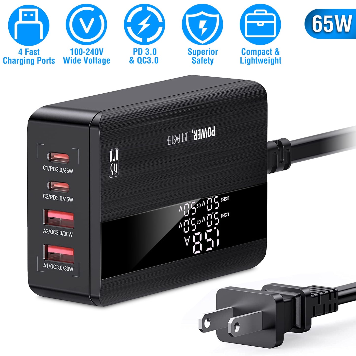 LJGelectro - 65W Fast Wall Charger 4 Port USB Charging Station PD3.0 QC3.0 Adapter Fit for iPhone 14 13 12 11 Samsung S22 S21 Switch MacBook iPad