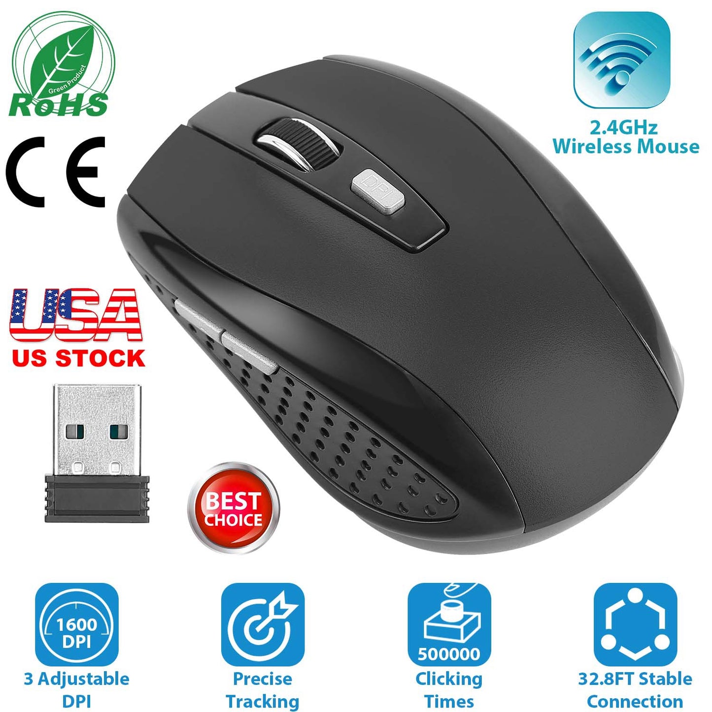 LJGelectro - 2.4G Wireless Gaming Mouse Optical Mice w/ Receiver 3 Adjustable DPI 6 Buttons For PC Laptop Computer Macbook