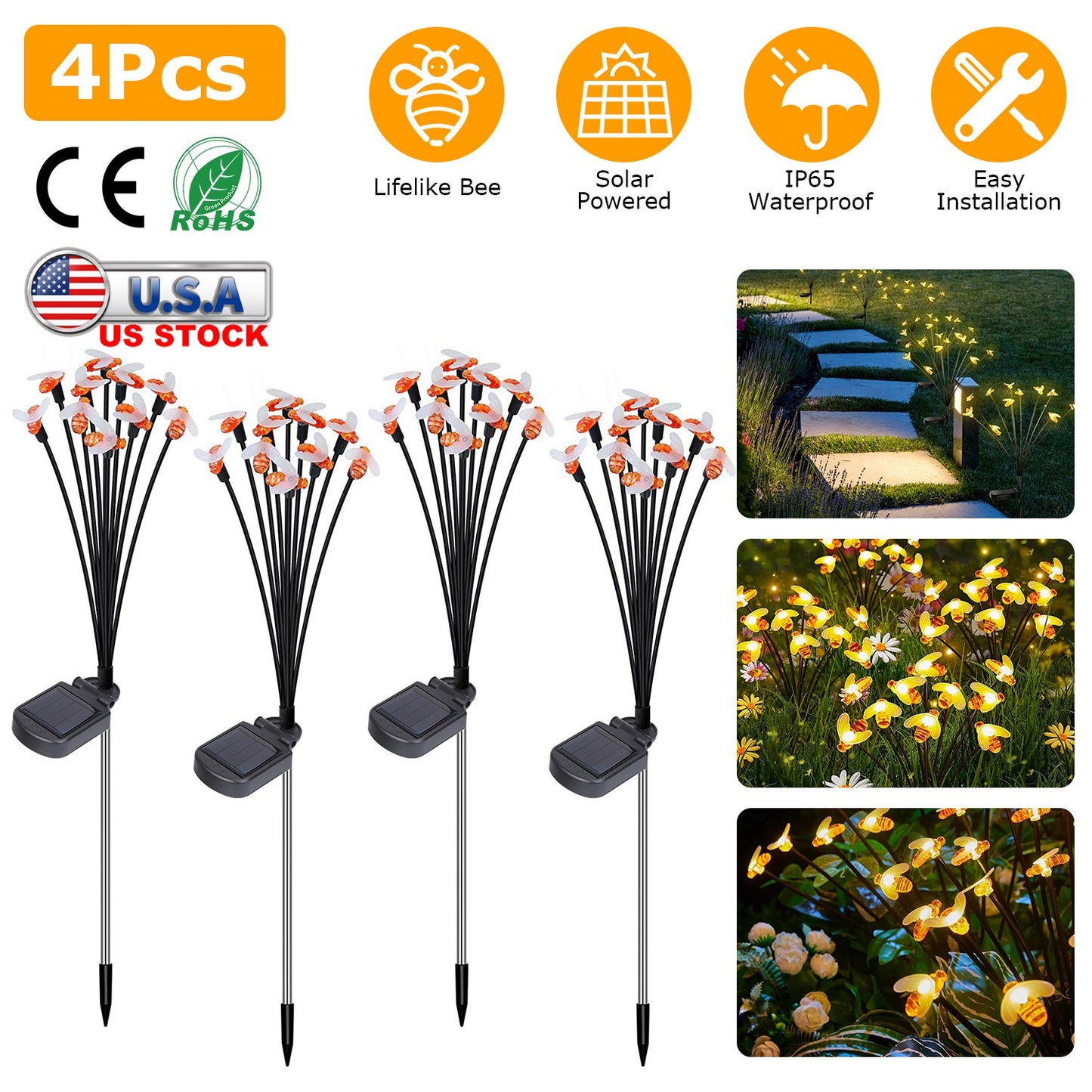 LJGelectro - 4Pack Solar Powered Stake Bee Light 2 Lighting Mode Lifelike Firefly Decorative Stake Lamp IP65 Waterproof Outdoor Landscape Garden Light Warm Yellow