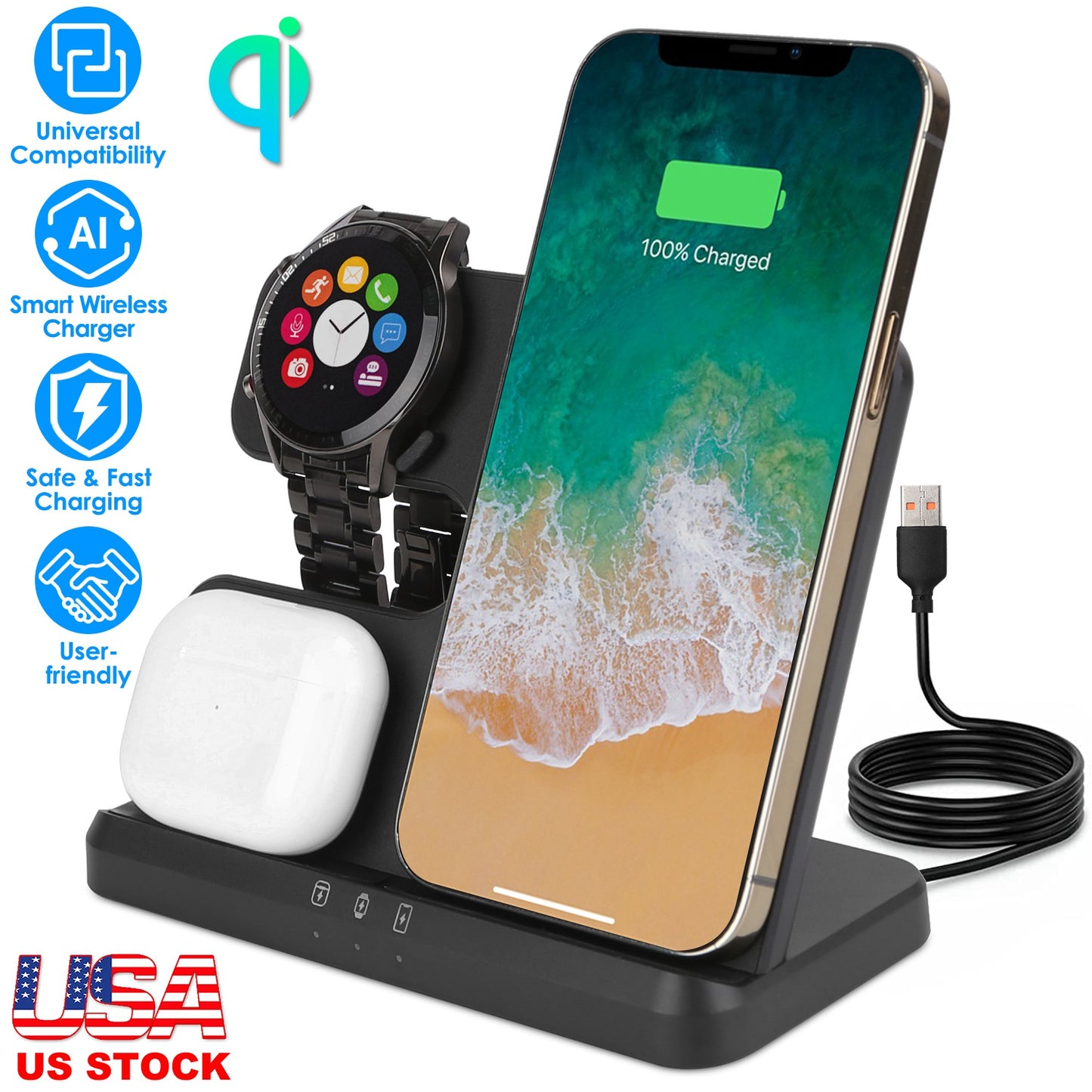 LJGelectro - 3 In 1 Fast Wireless Charger for Qi-enabled Phones Earphones Watches Wireless Charging Station Fit for IOS Phone 13 12 Pro Pro Max Mini iWatch S7 S6 S