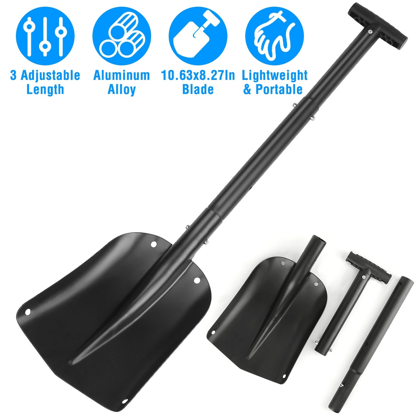 LJGelectro - Aluminum Snow Shovel Portable Lightweight Camping Garden Beach Shovel with 3 Section Collapsible Adjustable Length Anti-Skid Handle