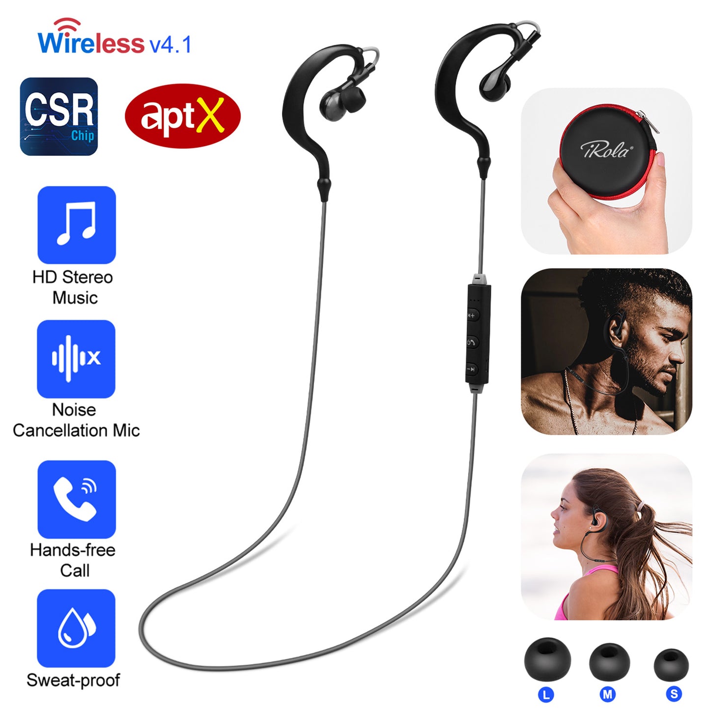 LJGelectro - Wireless Headsets V4.1 Sport In-Ear Stereo Headphones Sweat-proof Neckband Earbuds w/Mic Deep Bass HiFi Earphones for Running Hiking Travel