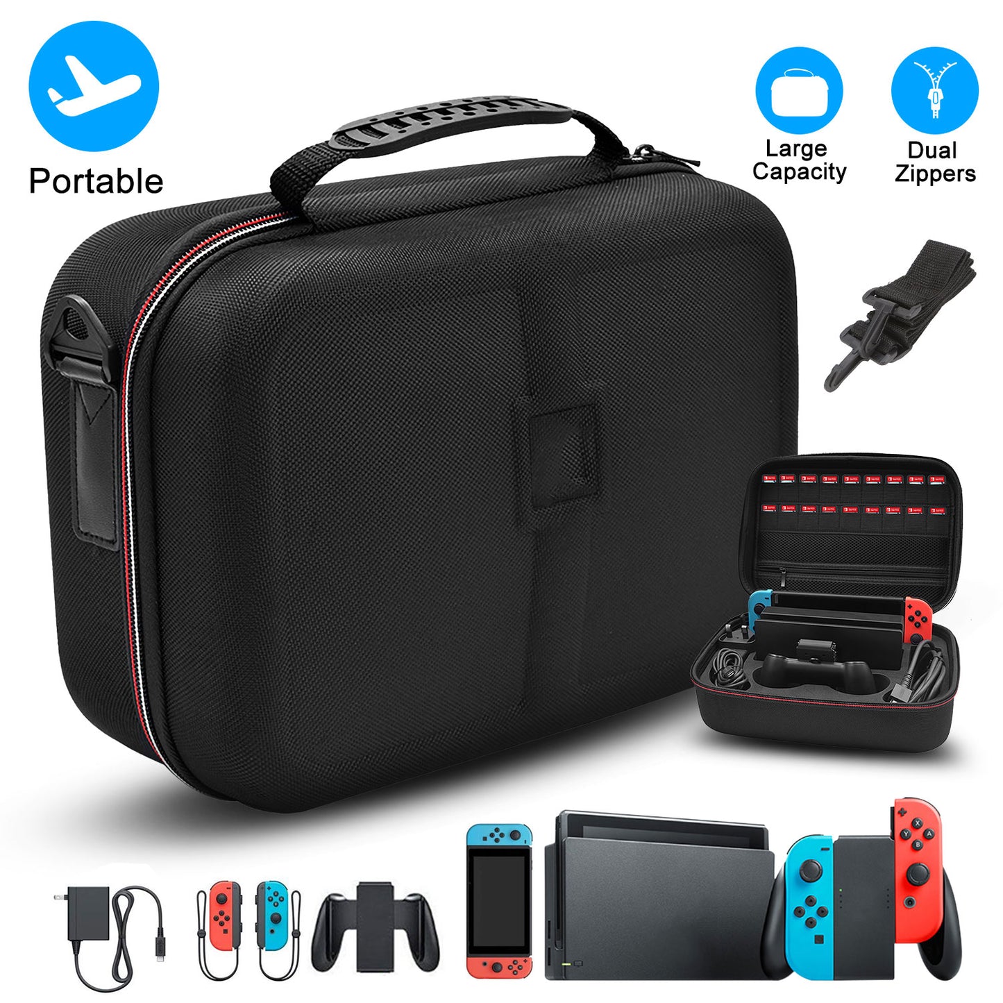 LJGelectro - Portable Deluxe Carrying Case for Nintendo Switch Protected Travel Case w/ Rubberized Handle Shoulder Strap