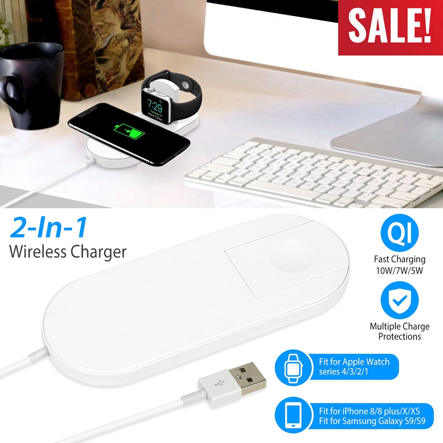 LJGelectro - 10W Qi Wireless Charger Watch Charger 2-in-1 Wirless Charging Pad for Apple Watch 4/3/2/1/ iPhone X/XS/8