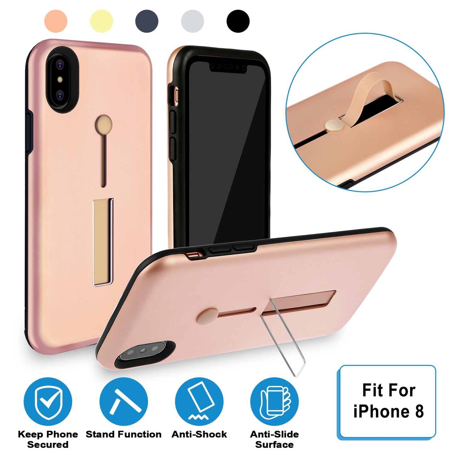 LJGelectro - Finger Strap Phone Case for iPhone 8 Drop-prot ection Finger Ring Rugged Phone Case with Kickstand Dual Layer Case