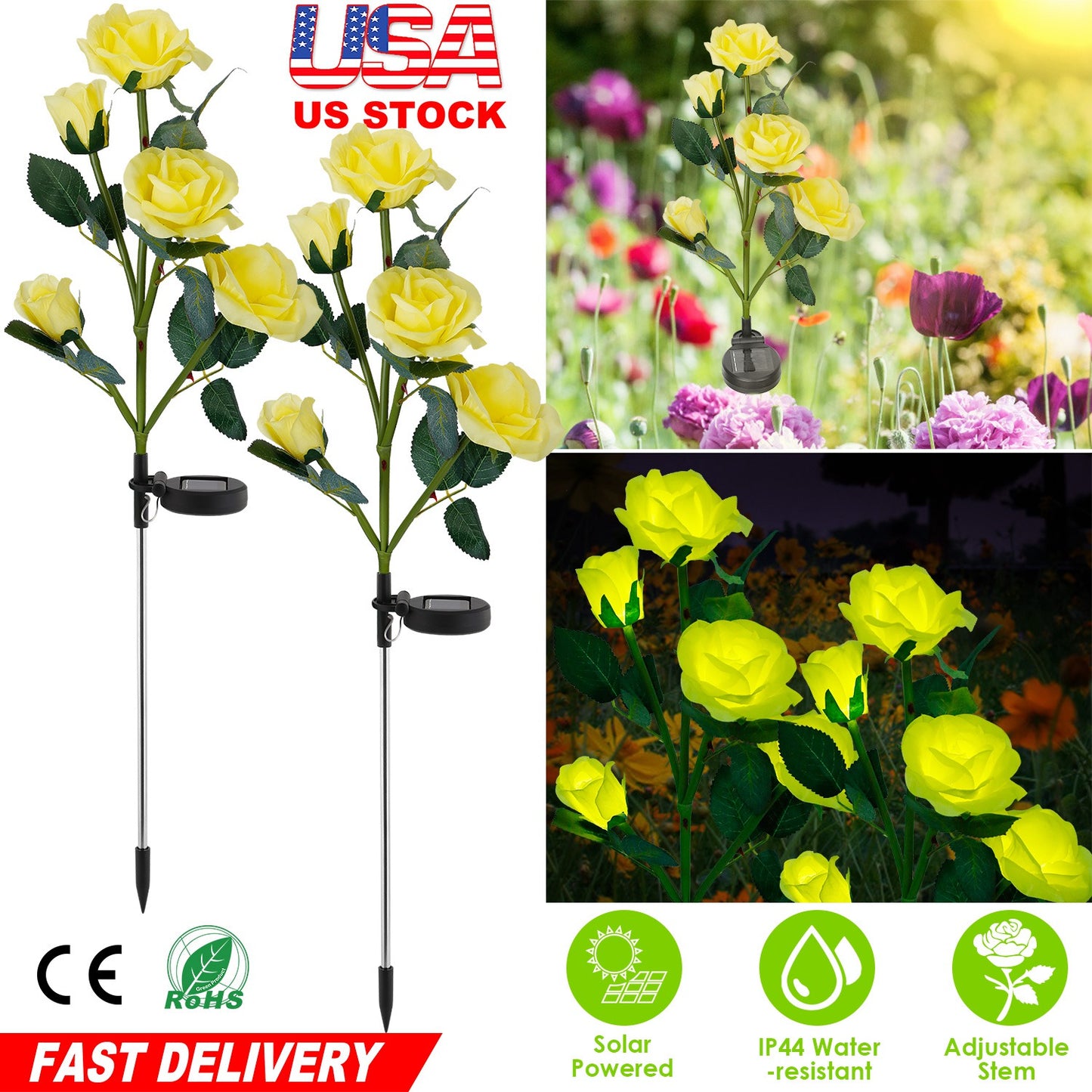 LJGelectro - 2Pcs Solar Powered Lights Outdoor Rose Flower LED Decorative Lamp Water Resistant Pathway Stake Lights For Garden Patio Yard Walkway