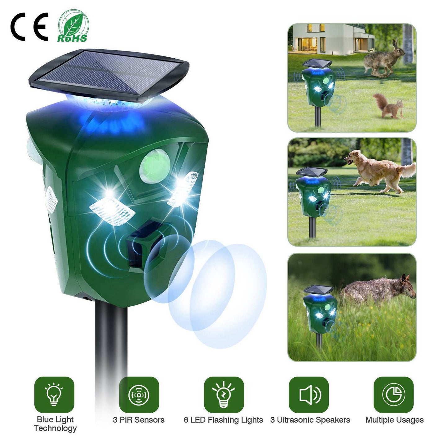 LJGelectro - Electric Solar Powered Ultrasonic Animal Repeller 360° Ultrasonic Animal Driver with Motion Sensor LED Flashing Lights Waterproof Outdoor Animal Repel