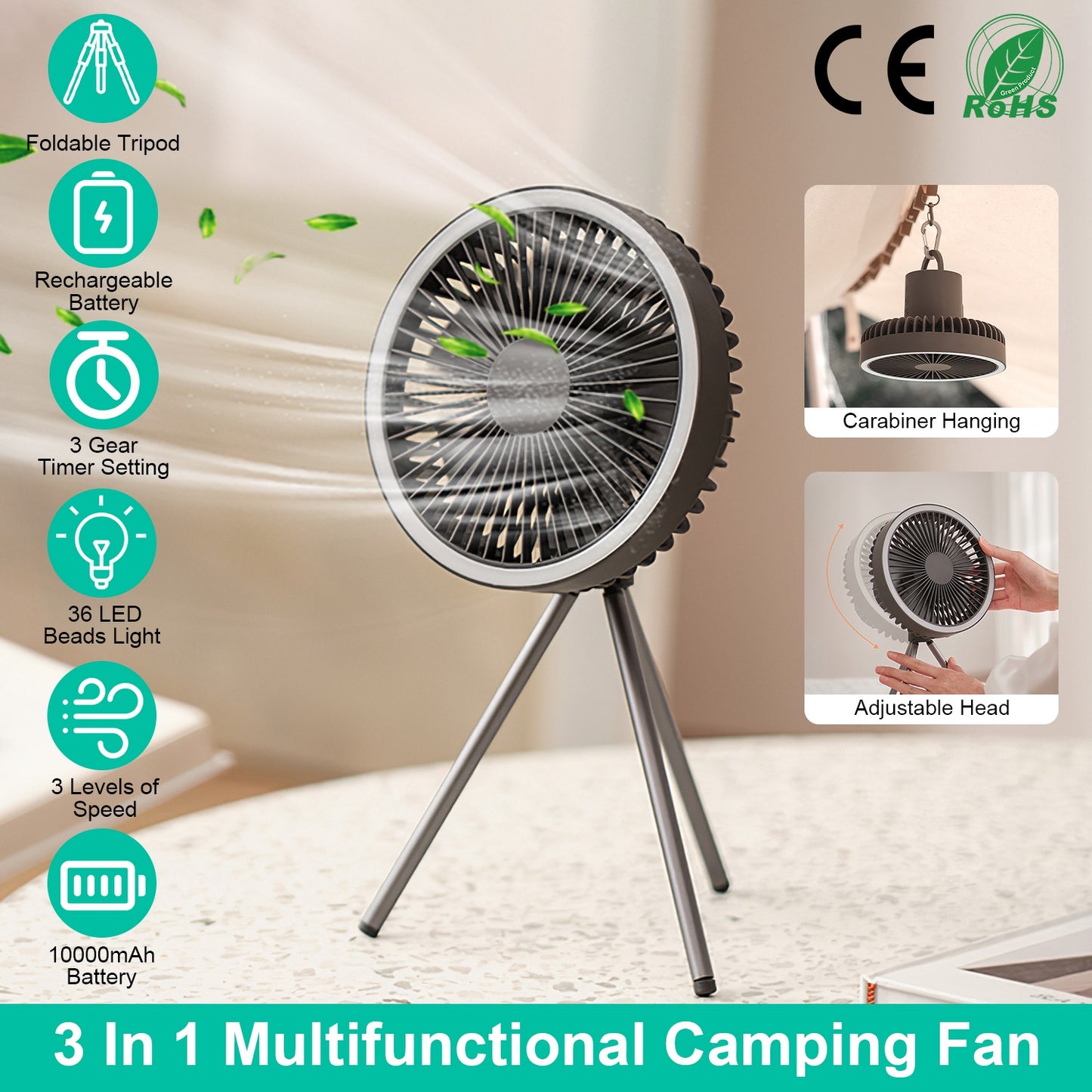 LJGelectro - Camping Fan with Lantern 10000mAh Rechargeable Battery Powered Portable Tripod Fan for Tent with Hanging Hook Carabiner Emergency Power Bank Desk Fan