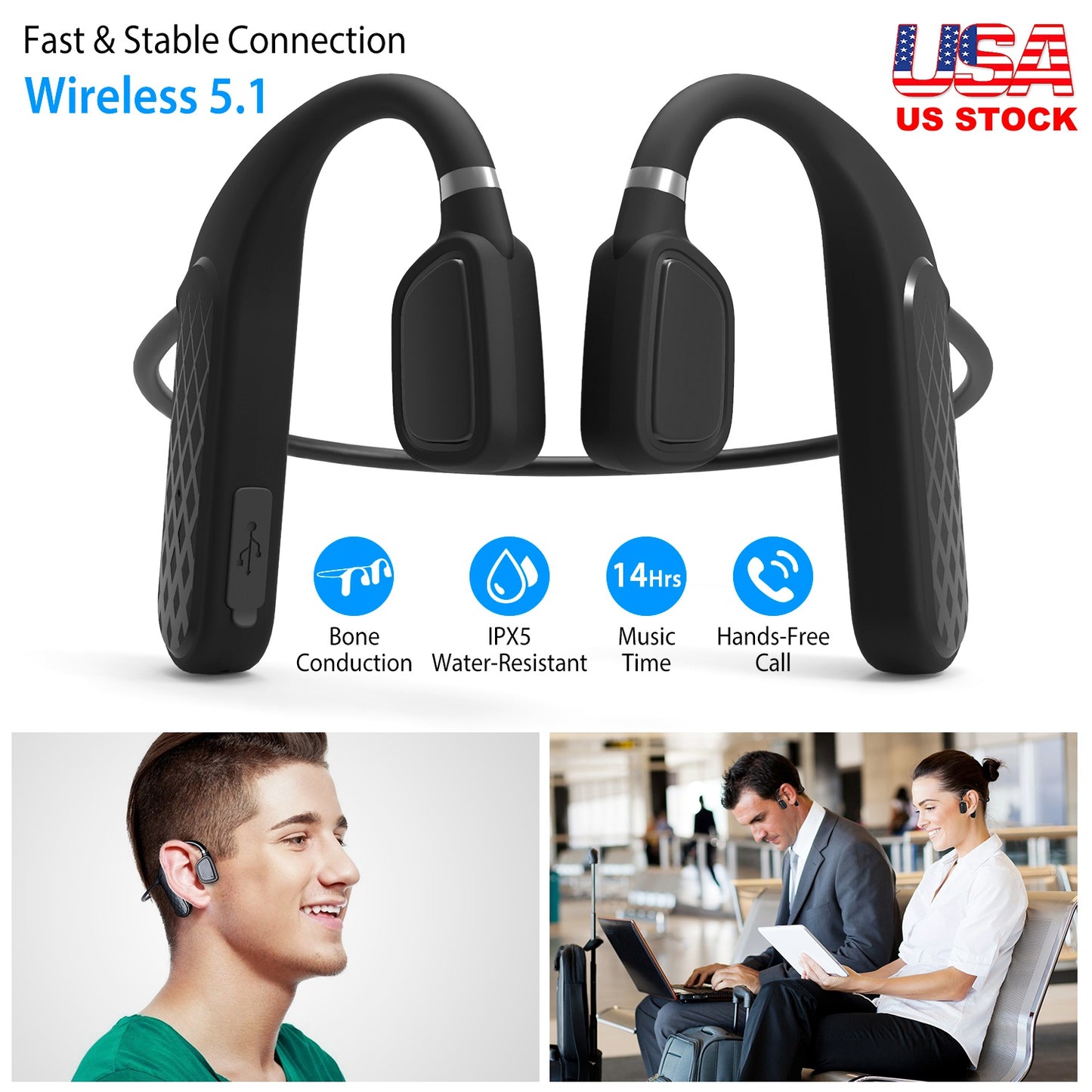 LJGelectro - Wireless V5.1 Bone Conduction Earphones Open-Ear Wireless Headsets Music Sport Wireless Open Hook Earphone w/ Sensitive Mic For Business Driving