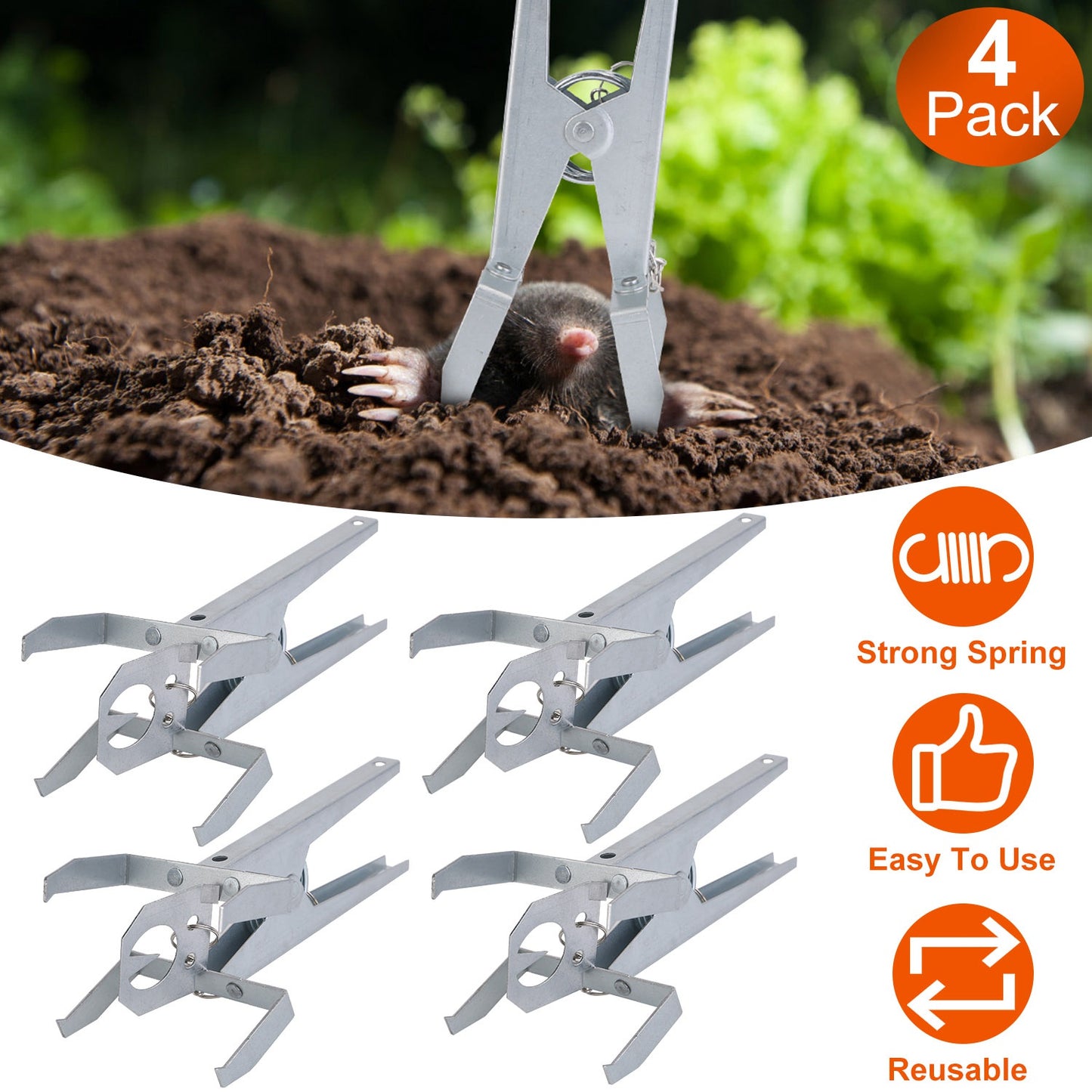 LJGelectro - 4Pack Reusable Mole Traps with Scissor Jaw Mole Killers Effective Mole Clips for Vegetable Shed Field Garden Yard