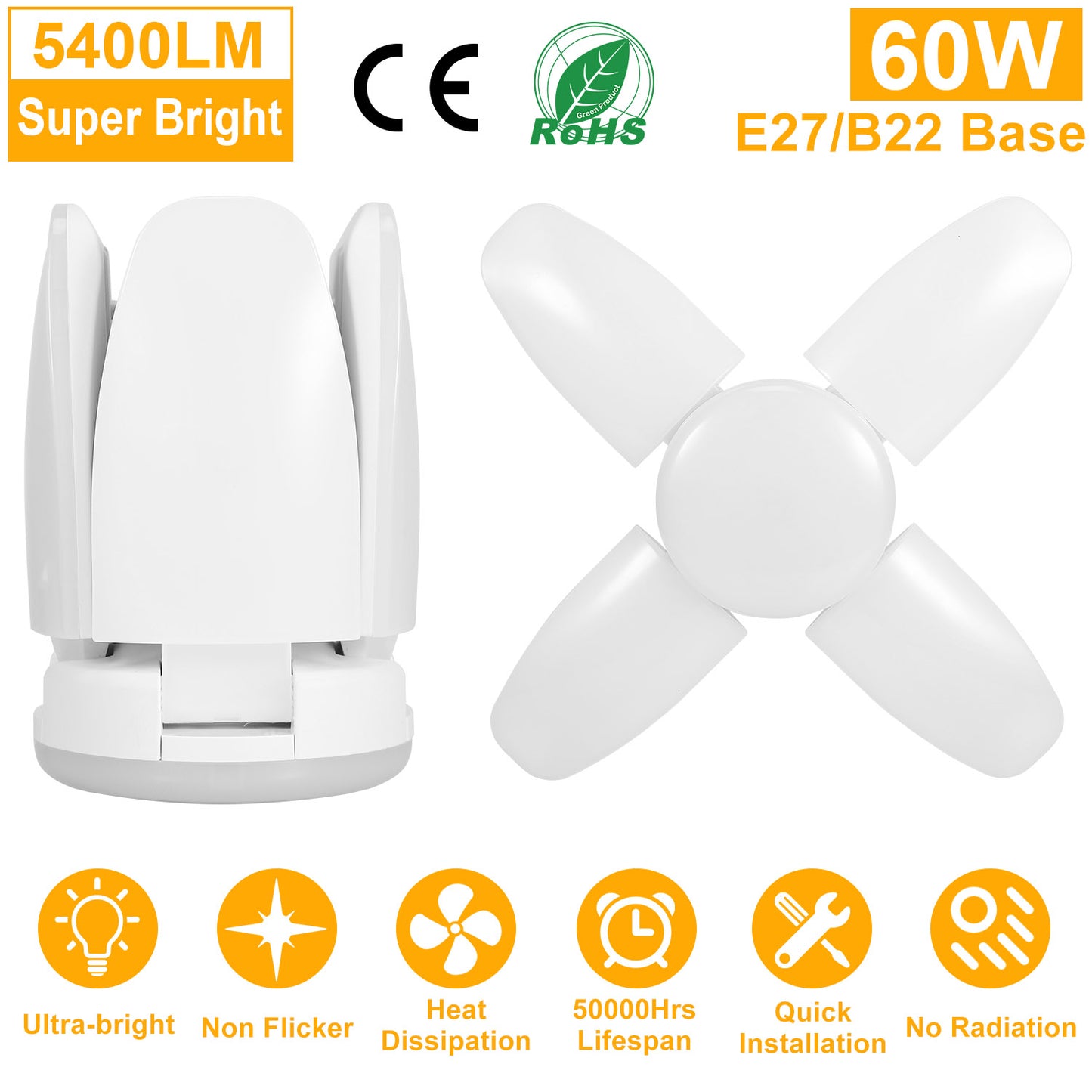 LJGelectro - LED Garage Light E27/B22 60W 5400LM 6500K Ceiling Light Deformable Workshop Lamp LED Light Bulbs