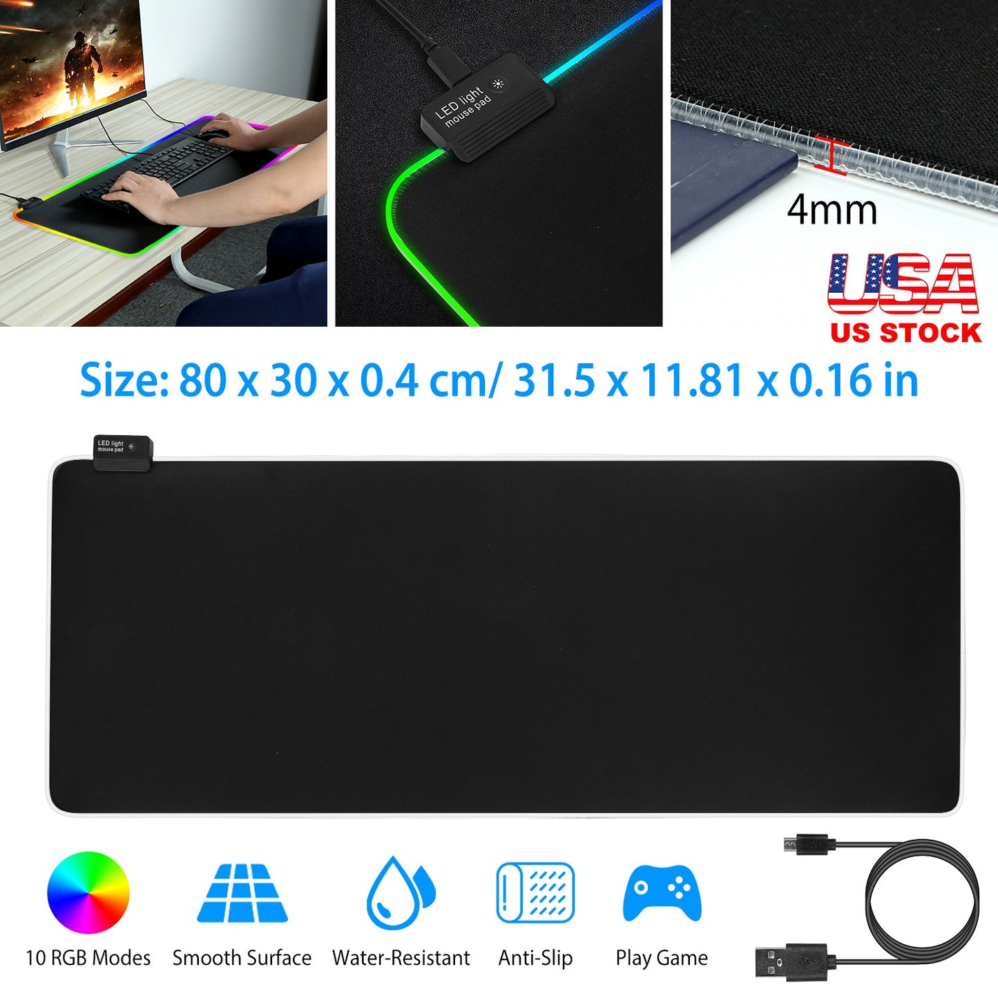 LJGelectro - Large LED Gaming Mouse Pad RGB Computer Keyboard Mouse Mat w/ 10 Light Modes Non-Slip Rubber Base for Game Office