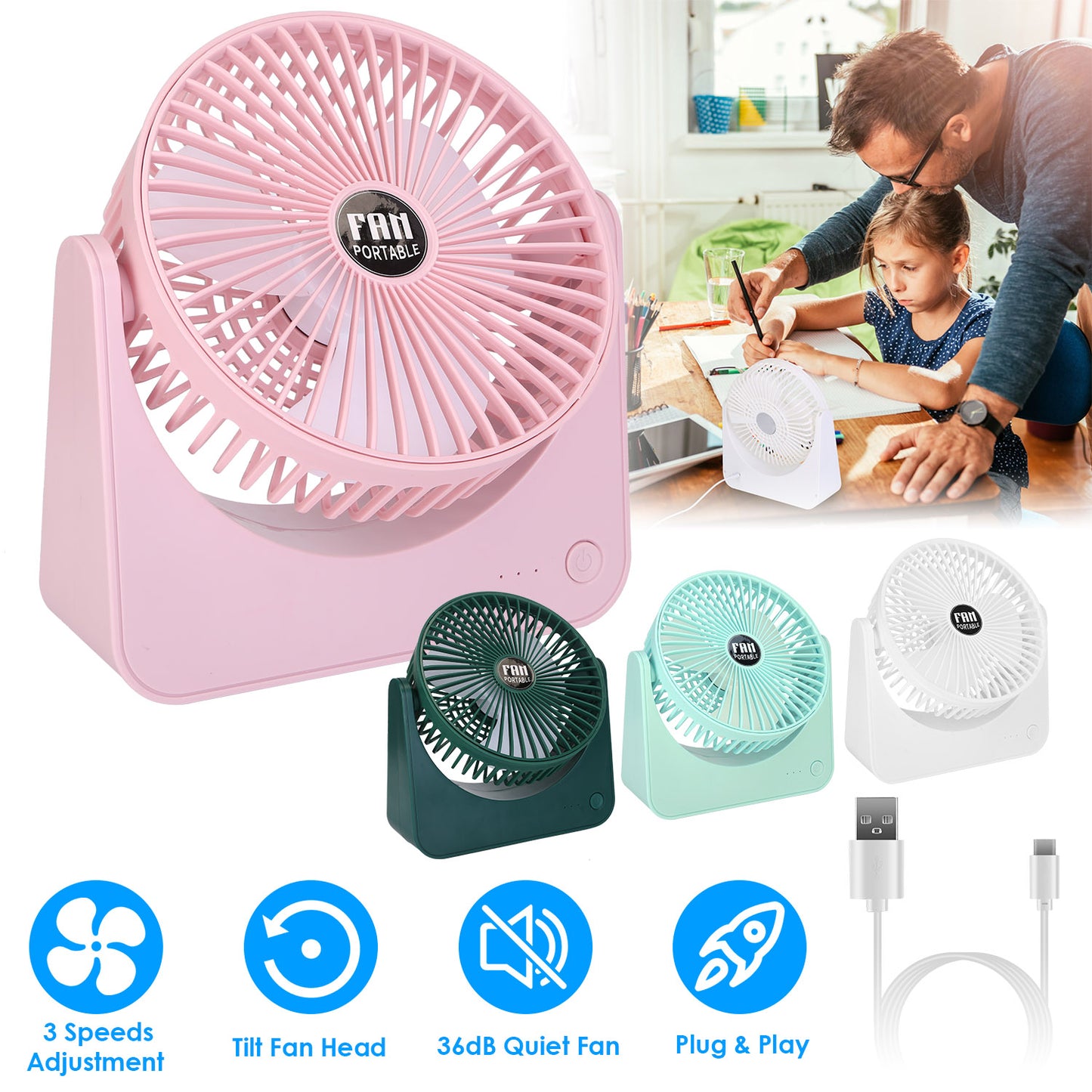 LJGelectro - 6.5in Desk Fan USB Powered 3 Speeds Table Cooling Fan Tilt Quiet Desktop Fan for Bedroom Office