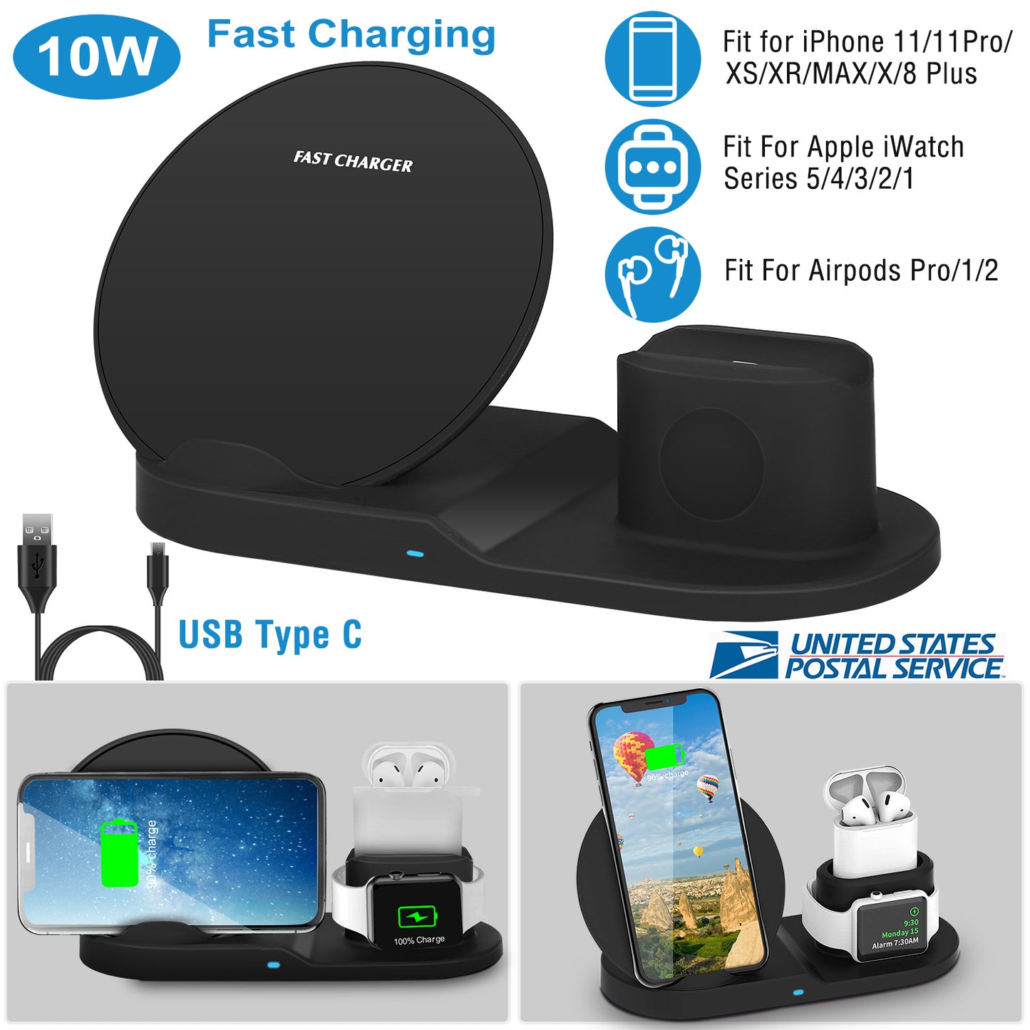 LJGelectro - Wireless Charger 10W Fast Charging Station For iPhone Apple iWatch Series 5/4/3/2/1 AirPods Fit For iPhone 11/11Pro/XS/XR/MAX/X/8 Plus/8 Samsung Galax