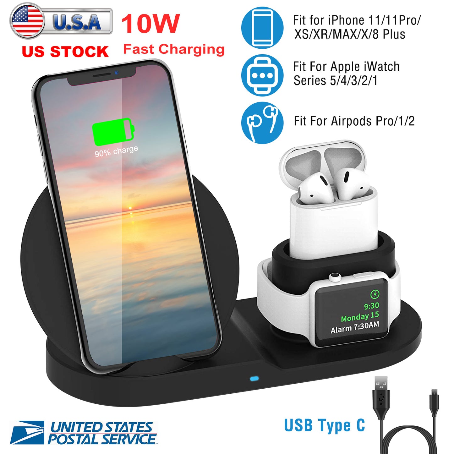 LJGelectro - Wireless Charger 10W Fast Charging Station For iPhone Apple iWatch Series 5/4/3/2/1 AirPods Fit For iPhone 11/11Pro/XS/XR/MAX/X/8 Plus/8 Samsung Galax