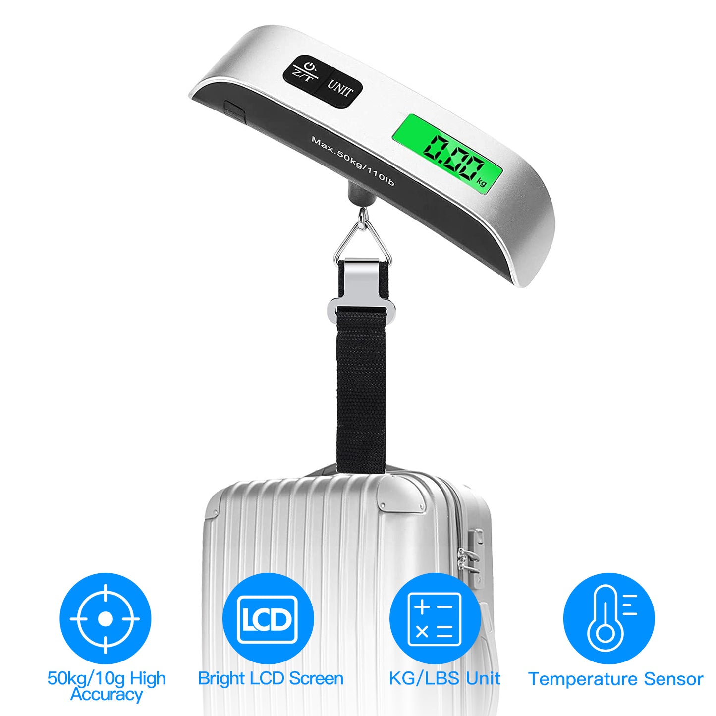 LJGelectro - 50kg 110lbs Portable Luggage Scale Handheld Hanging Suitcase Digital Scale with Hook LCD Display Screen Temperature Sensor Battery Include Travel Weig