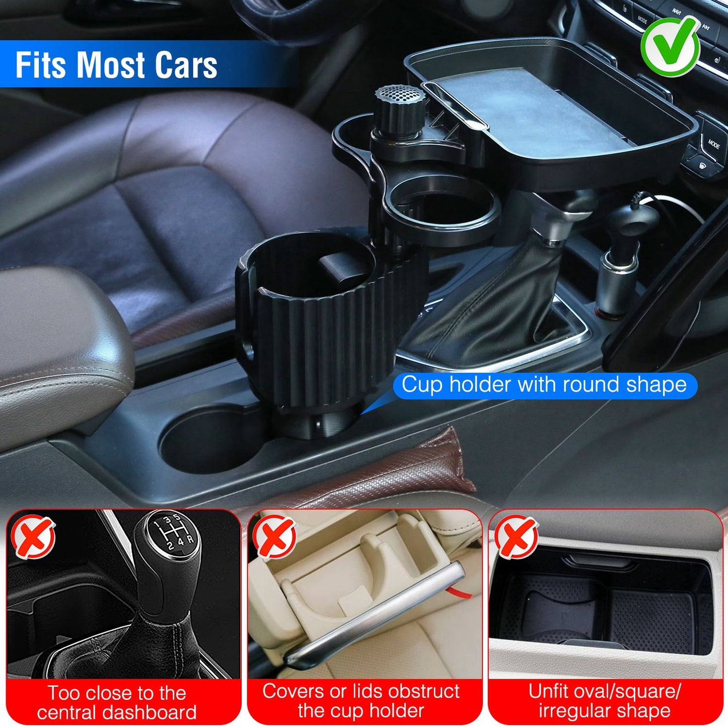 LJGelectro - 4-in-1 Car Cup Holder Tray Food Table Phone Hold Car Expander Detachable 360 Degree Rotatable Expandable Base Car Desk