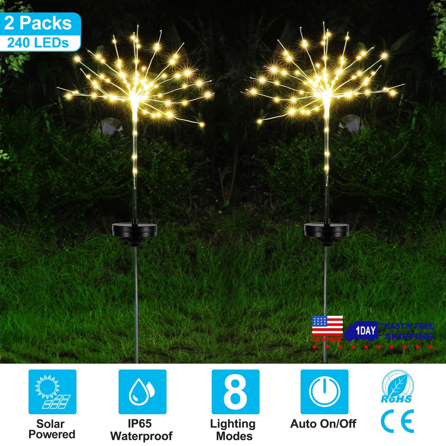 LJGelectro - 2Pcs Solar Powered Starburst Lights 240 LEDs Firework Lamp Garden Path Decor Lights