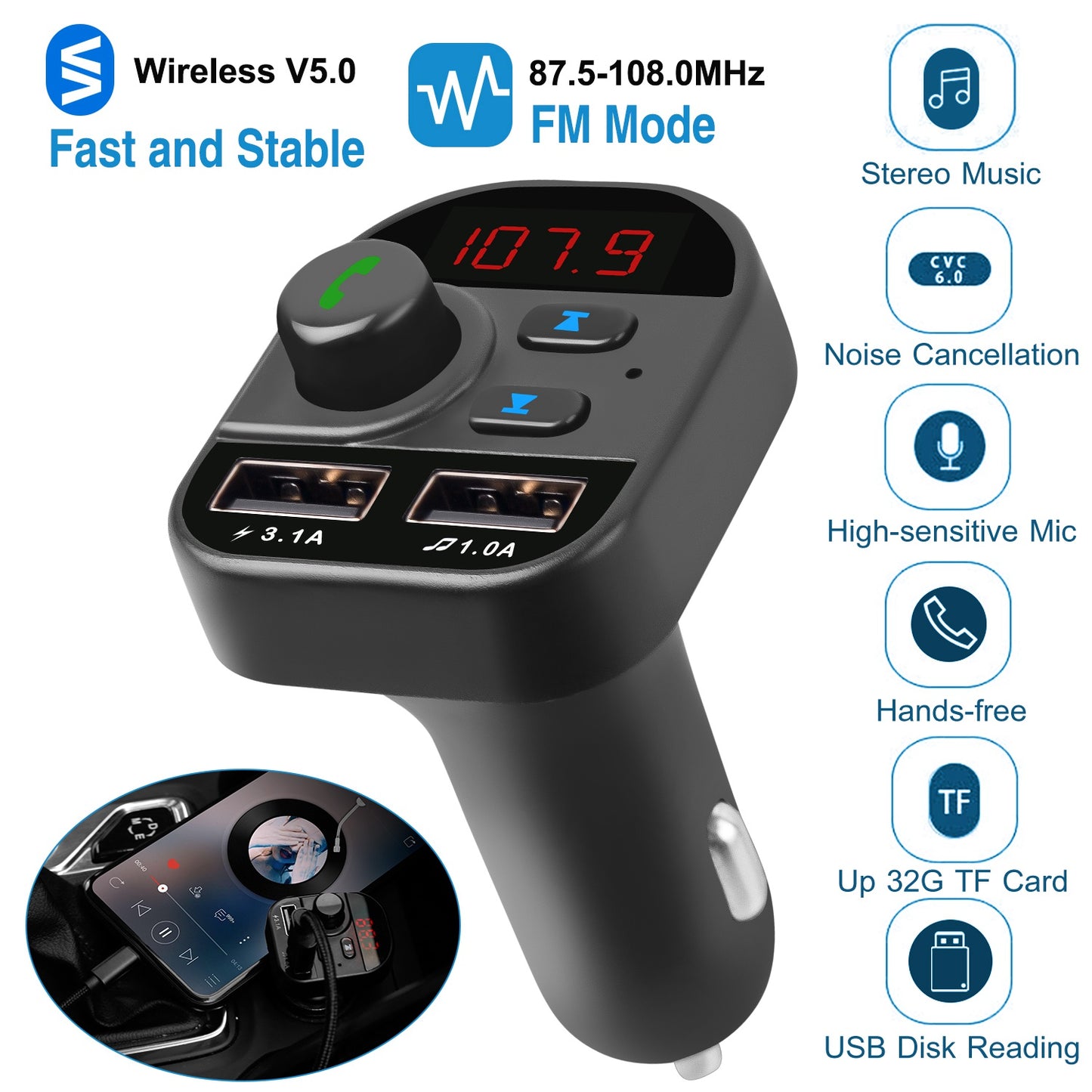 LJGelectro - Car Wireless V5.1 FM Transmitter Dual USB Charge Hands-free Call Car MP3 Player TF Card USB Disk Reading