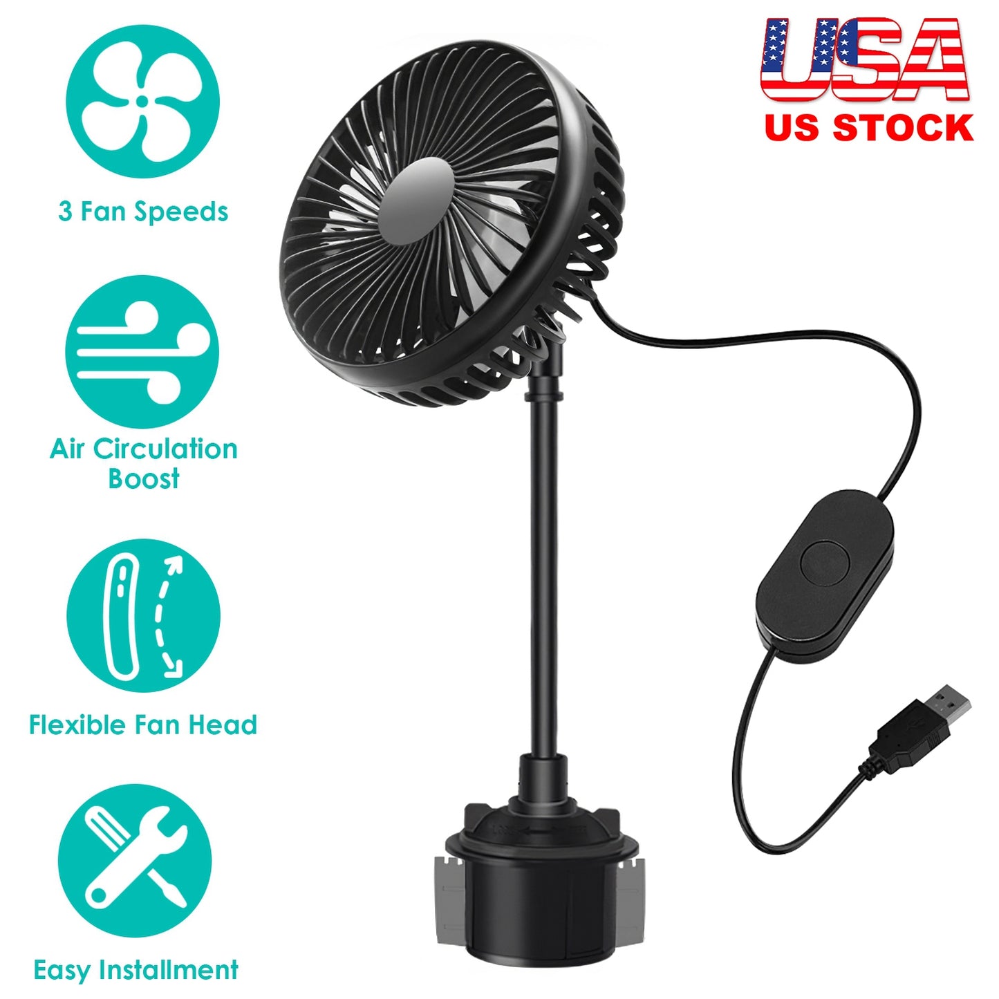 LJGelectro - Car Cooling Fan Portable Car Cup Holder Fan Adjustable Gooseneck Fan with 3 Speeds for Car Van Truck SUV RV