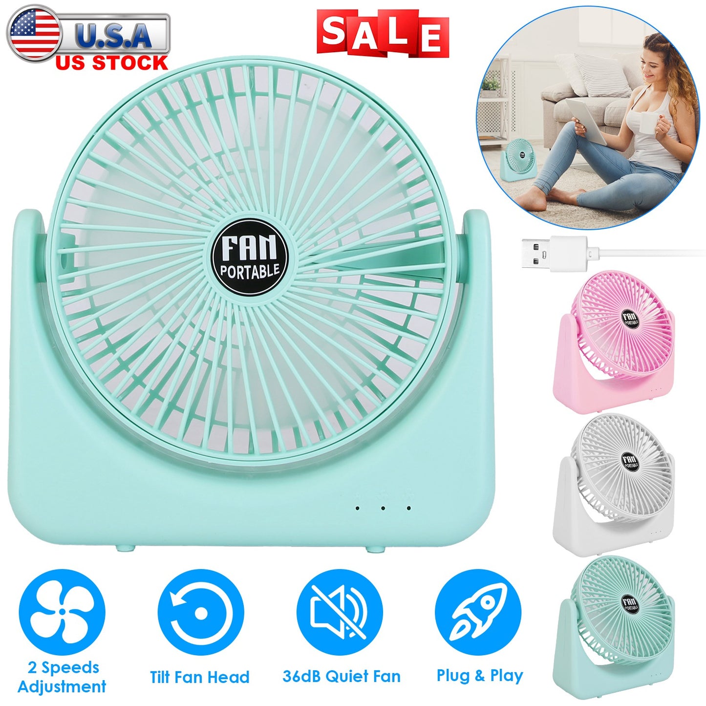 LJGelectro - 6.5in Desk Fan USB Powered 2 Speeds Table Cooling Fan Tilt Quiet Desktop Fan for Bedroom Office