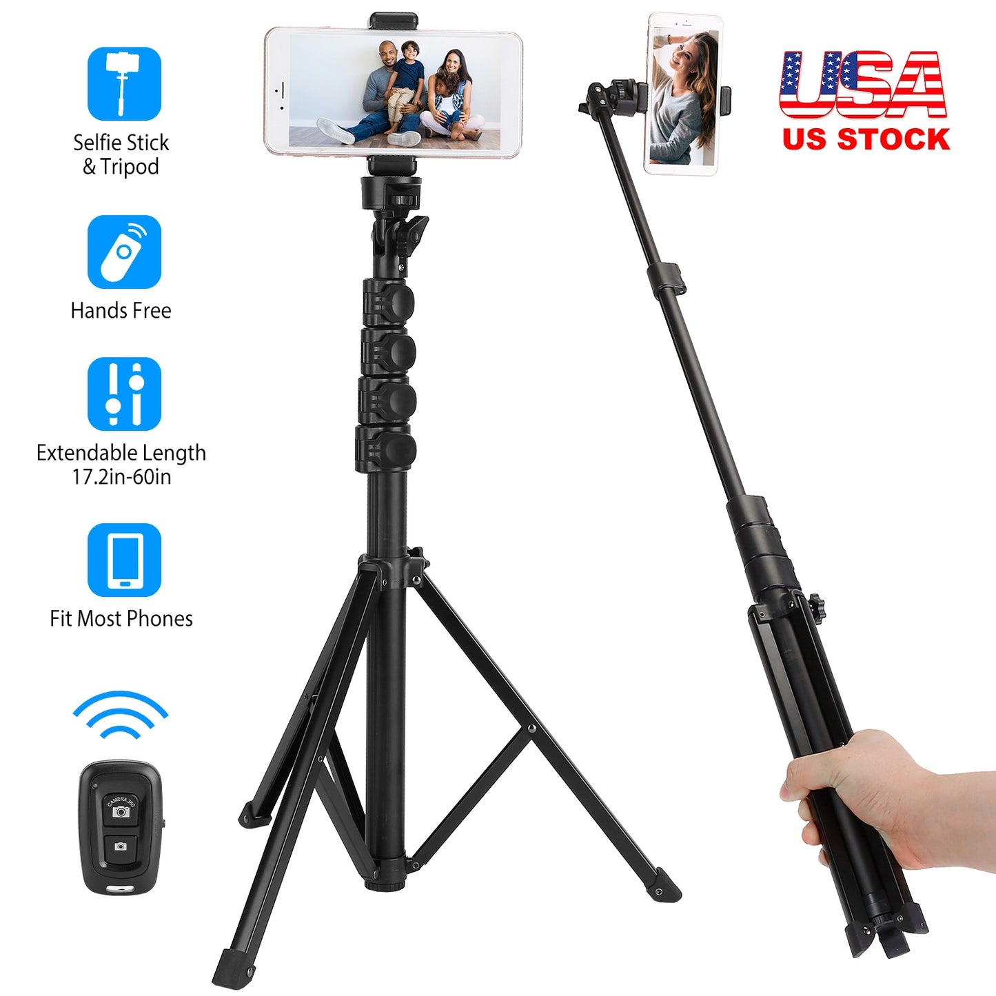 LJGelectro - Selfie Sticker Tripod Wireless Desktop Phone Tripod Stand Holder Telescopic Selfie Stick with Remote Shutter 60in Extendable Fit for 6.1-6.8” iPhone 1