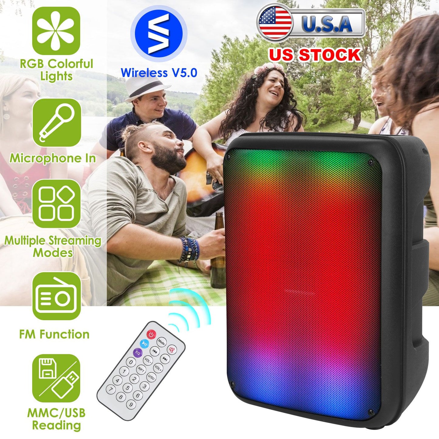 LJGelectro - Portable Wireless Party Speaker 8in Colorful Lights DJ PA System with TWS Function FM Radio USB MMC Card Reading Aux In Recording Function Mic