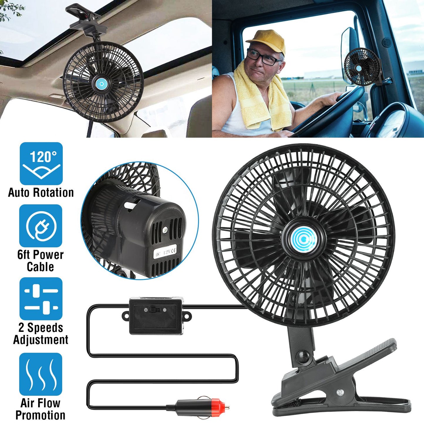 LJGelectro - 12V Car Fan Oscillating Clip On Cooling Fan w/ 2 Speeds 120°Rotation Personal Electric Fan for Car Truck Vans