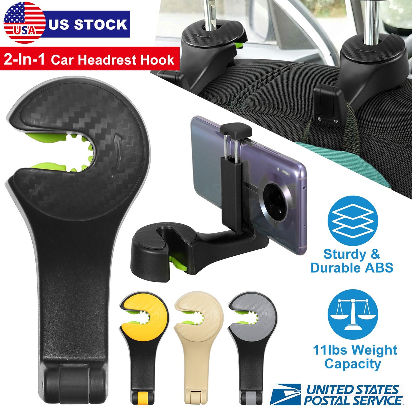 LJGelectro - Car Hook Car Seat Back Hook Car Headrest Hook Hanger with Phone Mount Holder Lock Phone Bracket