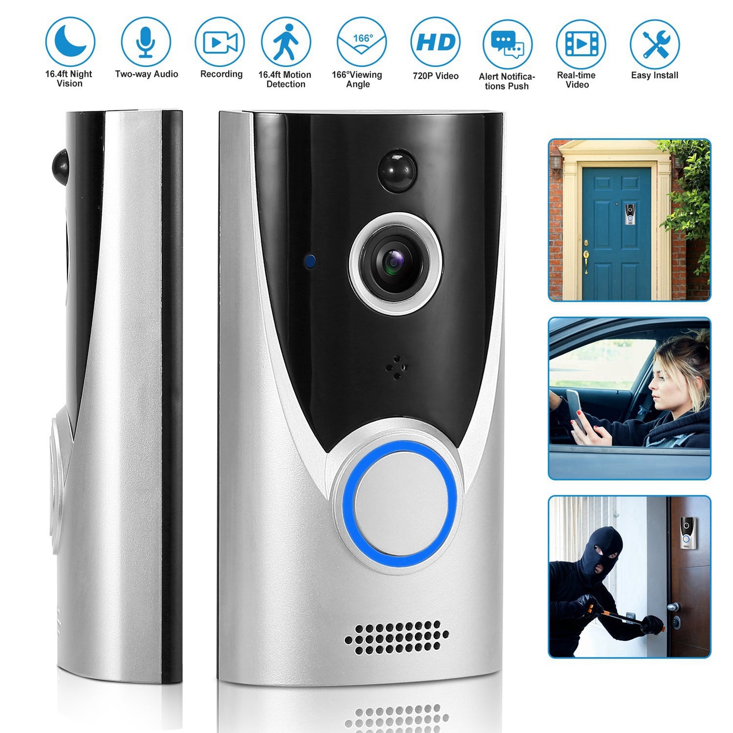 LJGelectro - WiFi Video Doorbell Wireless Door Bell 720P HD WiFi Security Camera w/ Two-way Talk PIR Motion Detection IR Night Vision Home Security Camcorder Offic