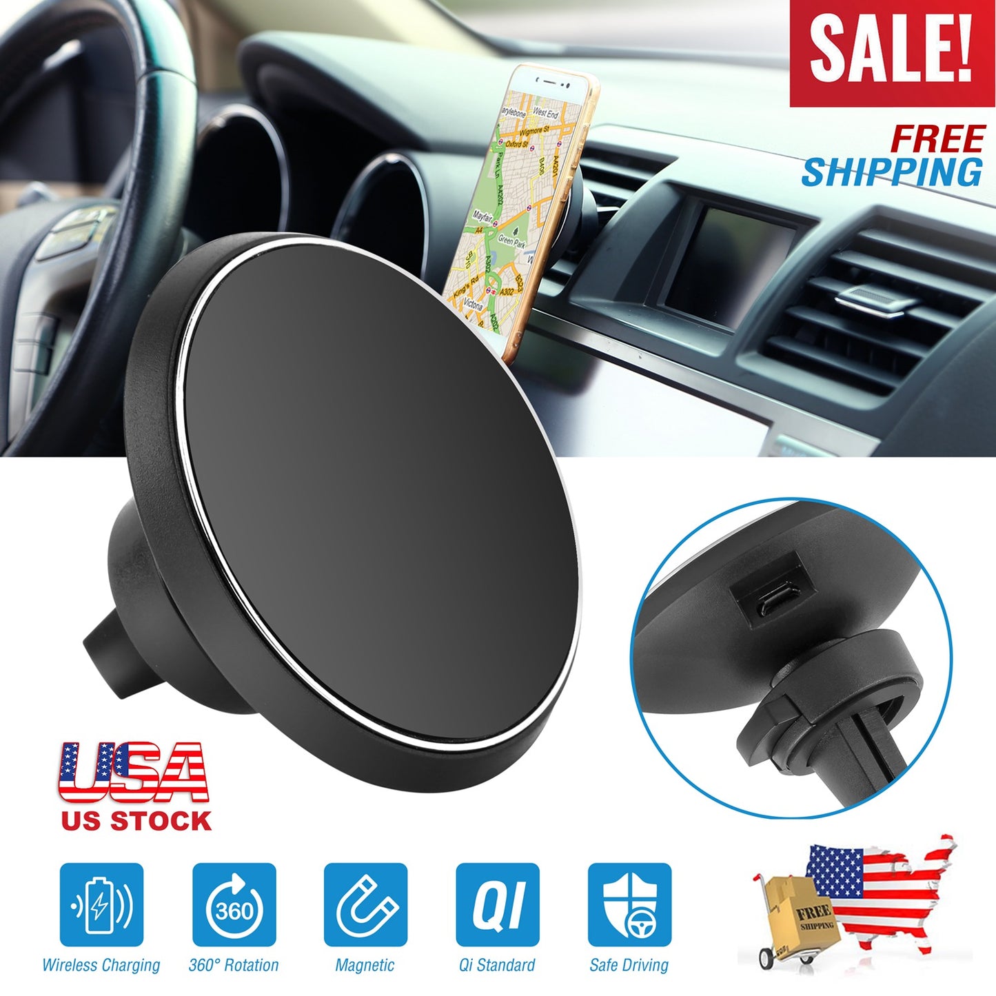 LJGelectro - Qi Wireless Car Charger Magnetic Car Phone Charger 5W Charging Pad Air Vent Phone Mount Holder for iPhone XS MAX XR Galaxy S10 S9 Tablet GPS Device