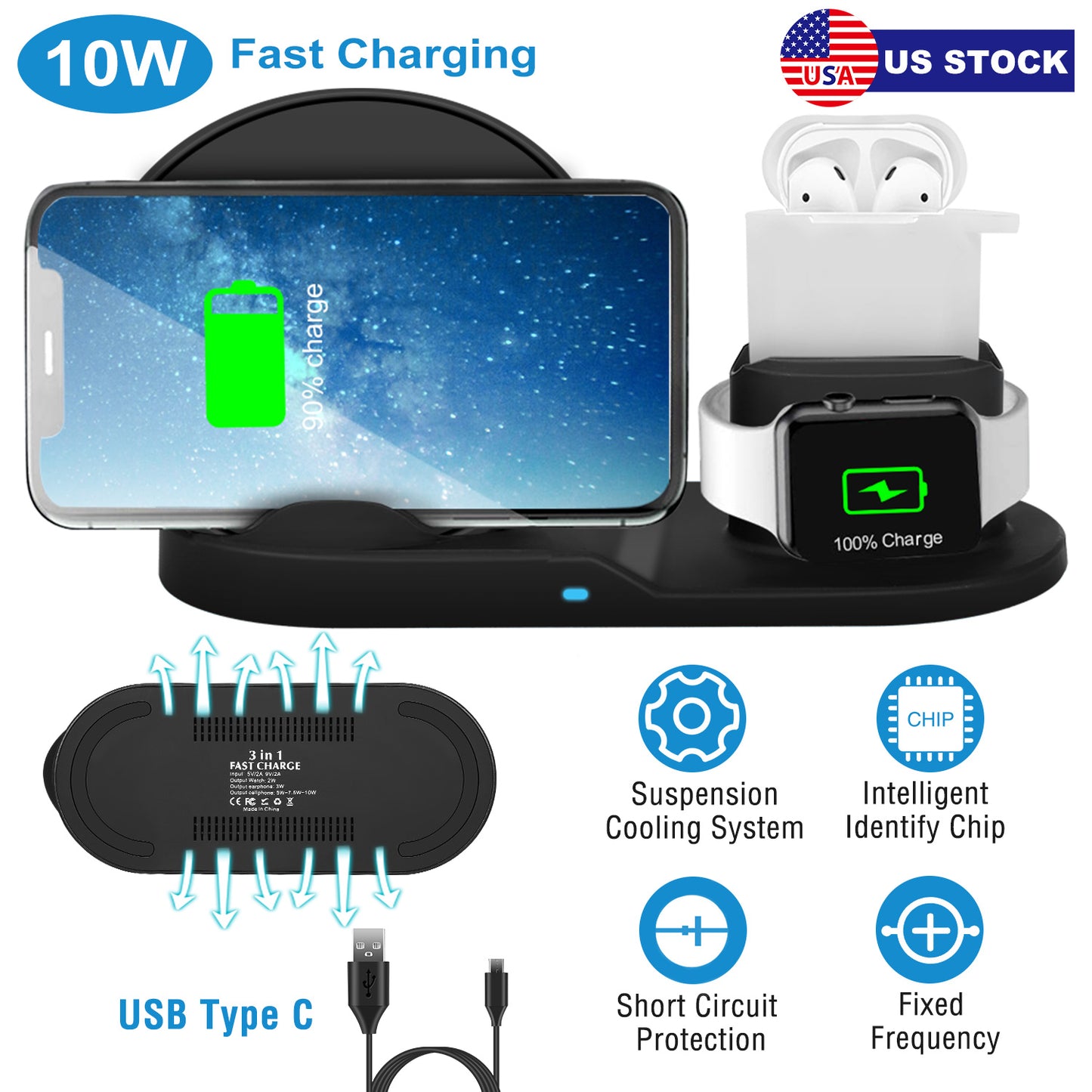 LJGelectro - Wireless Charger 10W Fast Charging Station For iPhone Apple iWatch Series 5/4/3/2/1 AirPods Fit For iPhone 11/11Pro/XS/XR/MAX/X/8 Plus/8 Samsung Galax