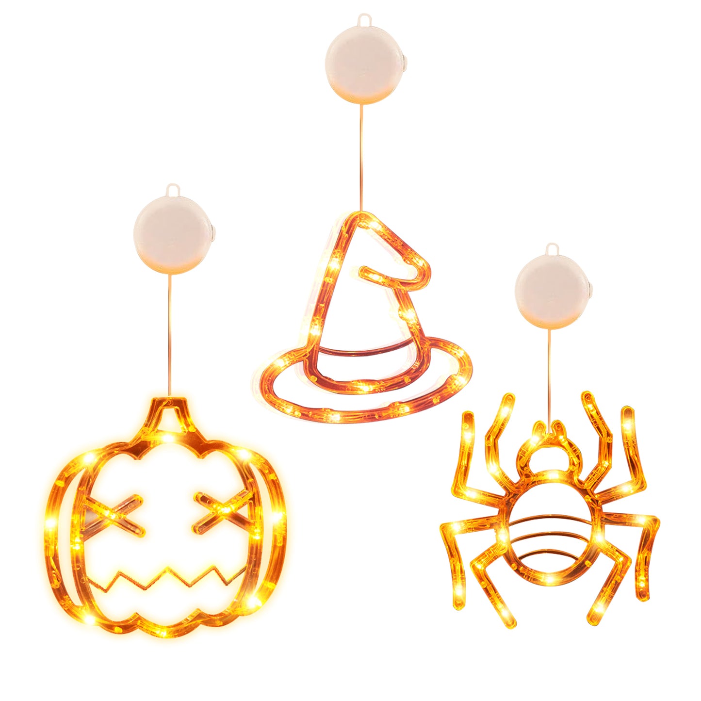 LJGelectro - 3 Pack Halloween Window Light Spider Witch Hat Pumpkin with Orange Light Hanging Halloween Decoration Light with Suction Cup Hanging Holes