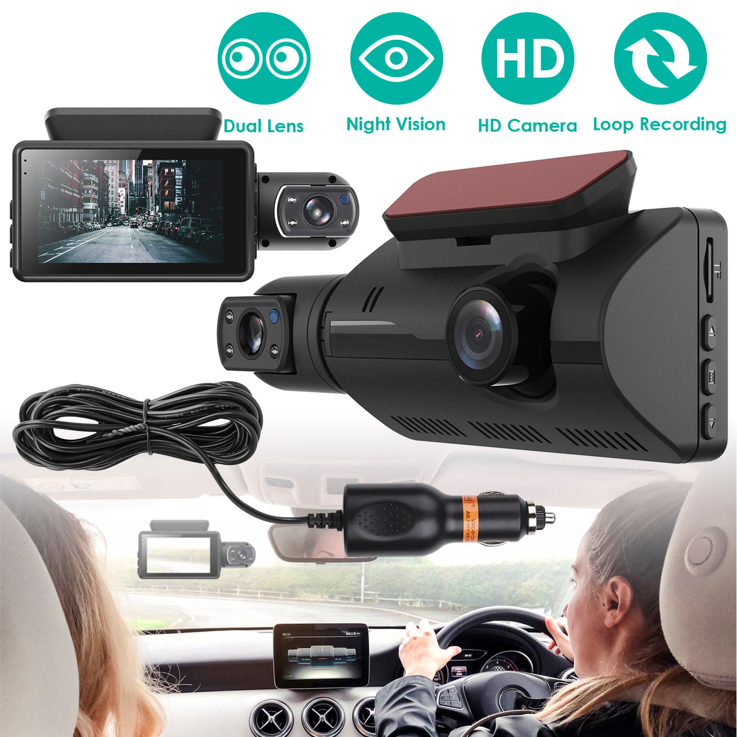 LJGelectro - Dual Lens Car DVR Dash Cam Video Recorder 720P Front Inside Camera Loop Recording Night Vision Driving Vehicle Recorder