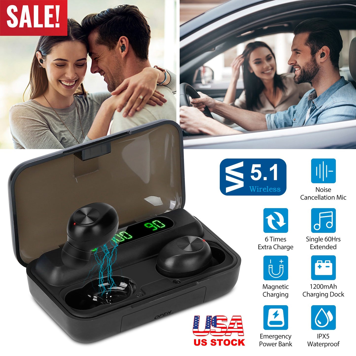 LJGelectro - Wireless 5.1 TWS Earbuds In-Ear Stereo Headset Noise Canceling Earphone w/Mic Magnetic Charging Dock For Driving Working Travelling