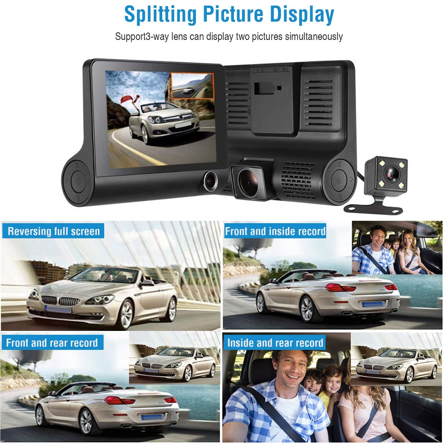 LJGelectro - FHD 1080P Touch Screen Car DVR Dash Camera 4In 3 Lens Vehicle Driving Recorder Seamless Loop Recording