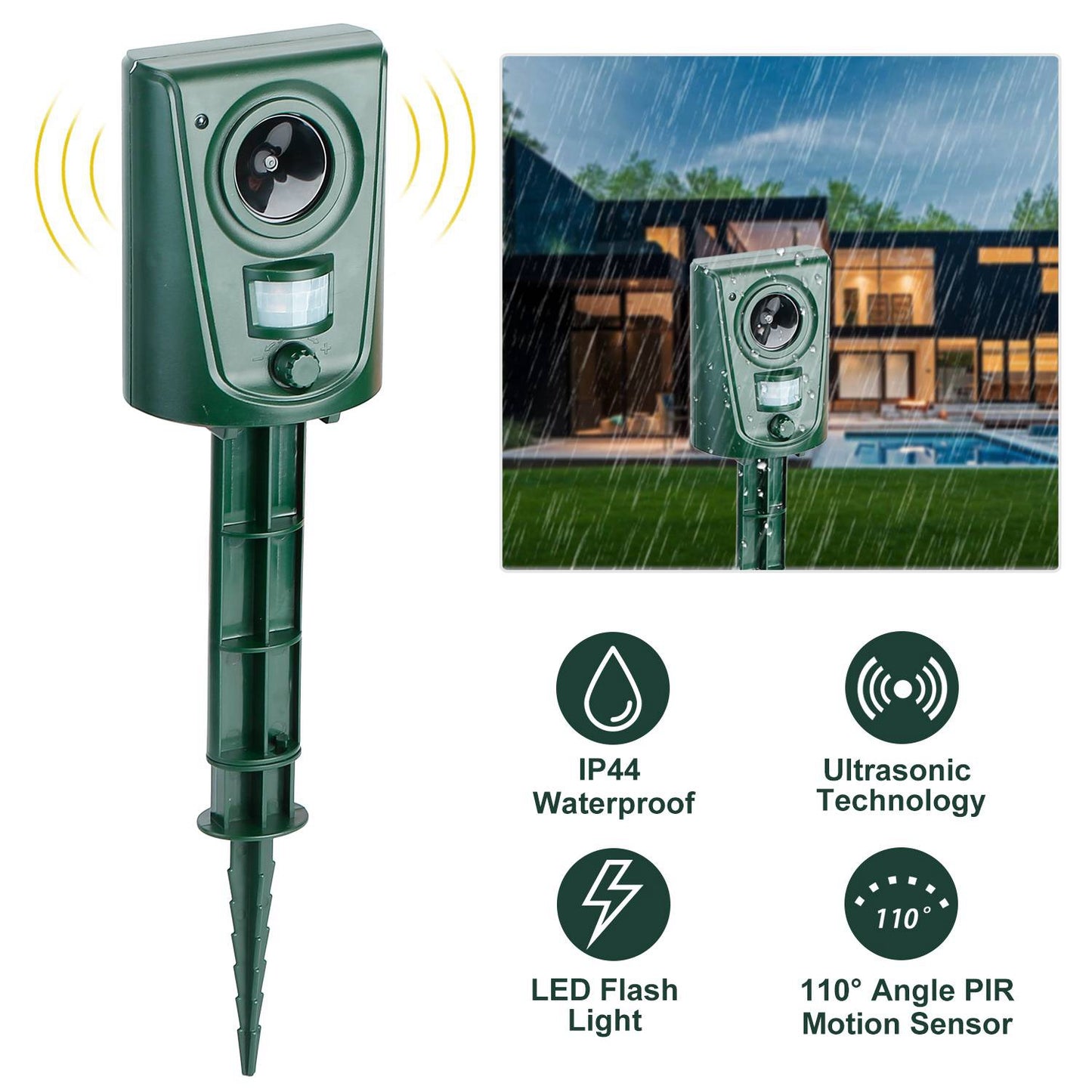 LJGelectro - Ultrasonic Animal Repeller IP44 Waterproof Motion Sensor Repellent Outdoor Animal Deterrent w/ Flashing LED Light For Farm Garden Yard Repelling Deer