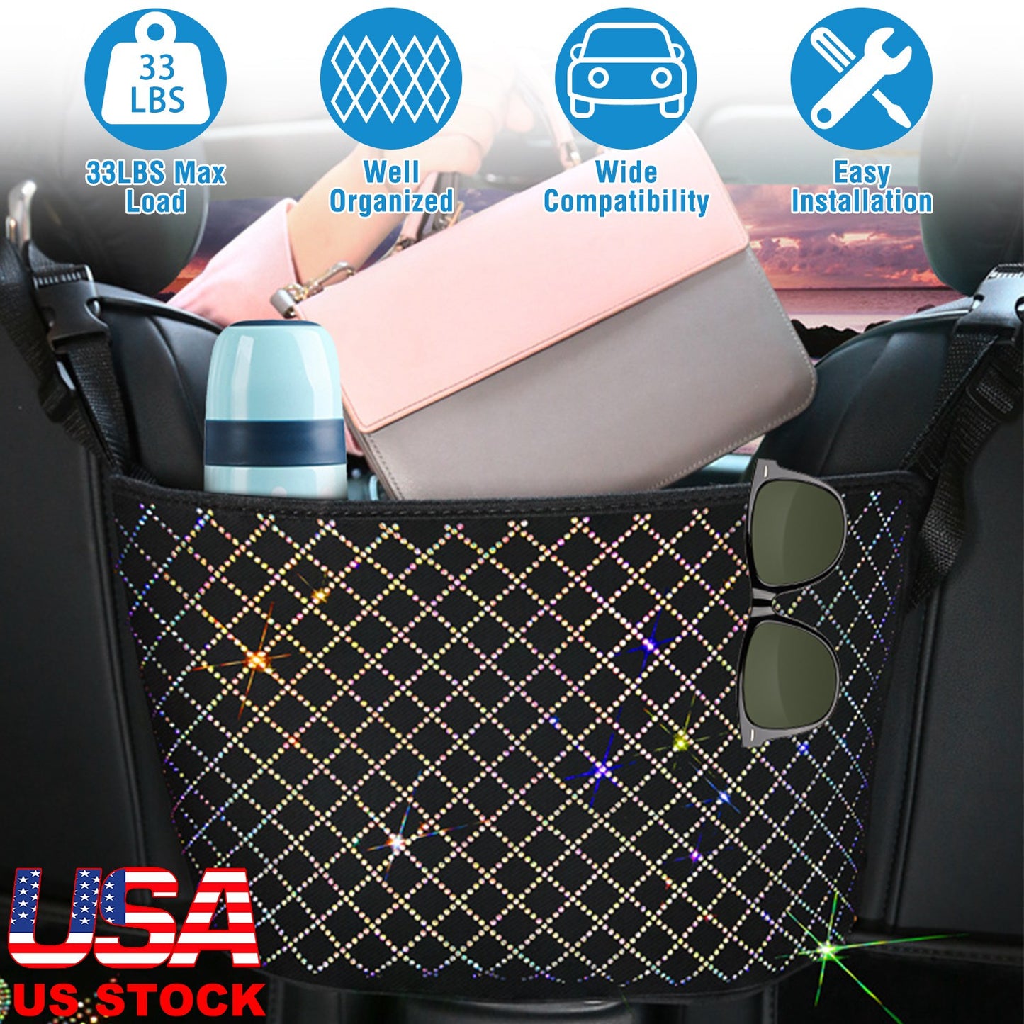 LJGelectro - Car Handbag Purse Holder for Front Seat Storage Net Bag Pocket for Car Between Seats Rhinestone Bling Women Automotive Organizer