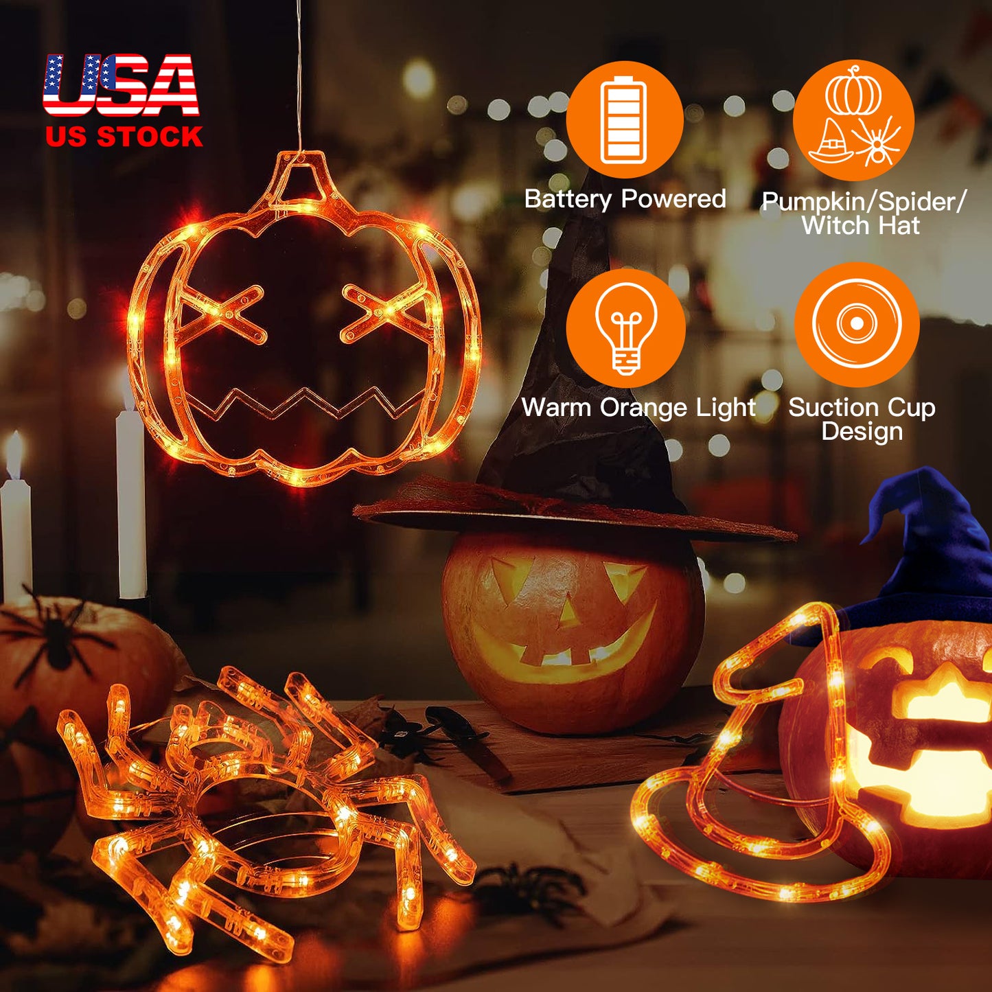 LJGelectro - 3 Pack Halloween Window Light Spider Witch Hat Pumpkin with Orange Light Hanging Halloween Decoration Light with Suction Cup Hanging Holes