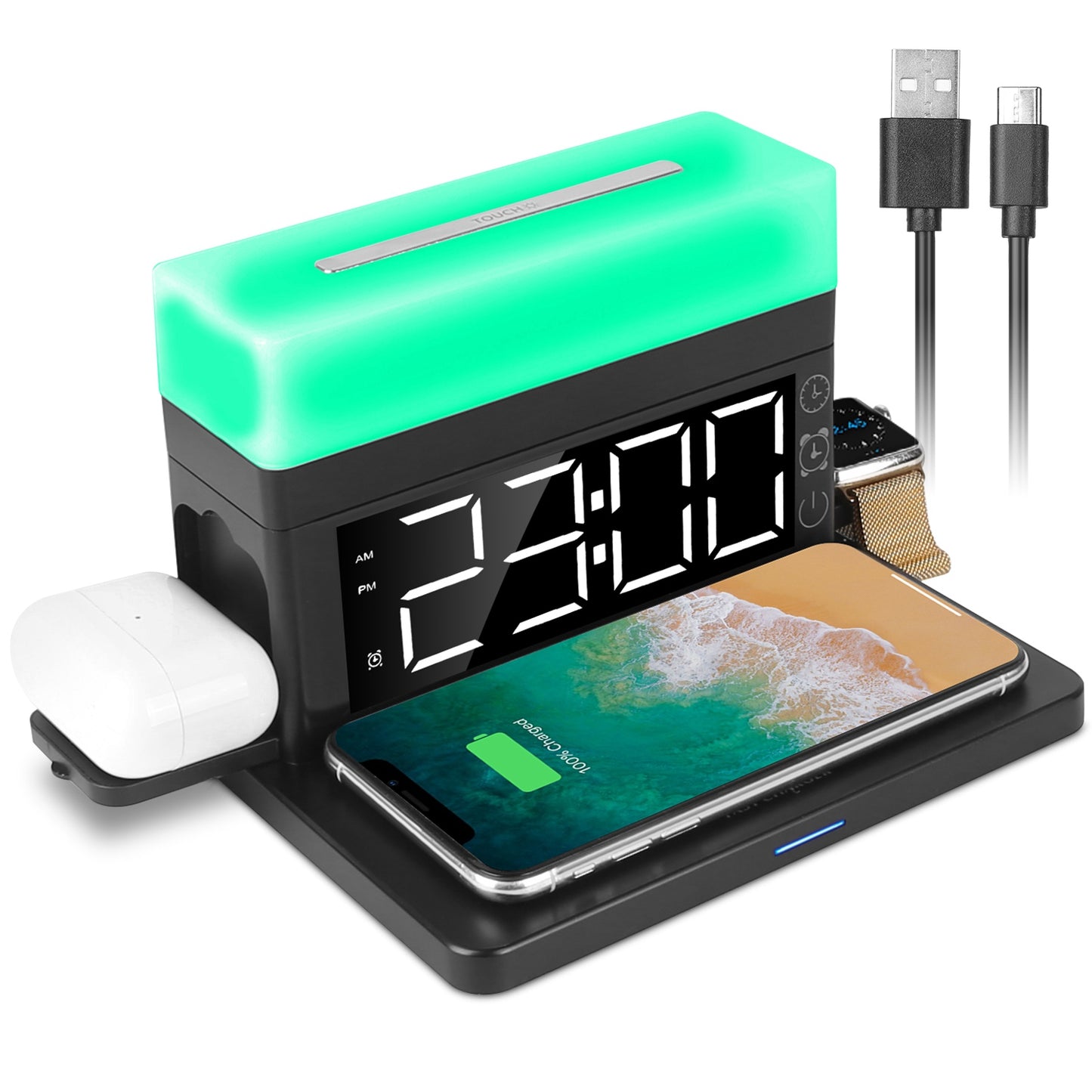 LJGelectro - 3 in 1 Wireless Charger Fast Charging Station Dock with Alarm Clock and Dimmable Colorful Night Light Fit for iPhone 14/13/12/11/Pro Max/iWatch/AirPod