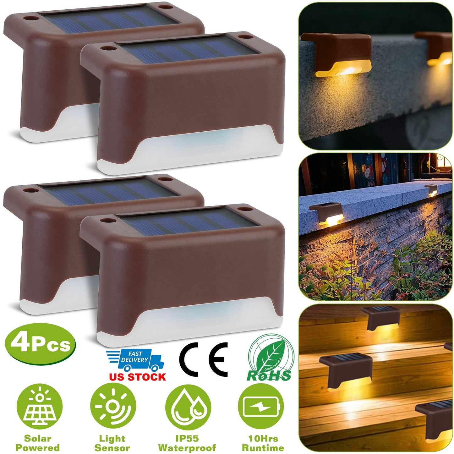 LJGelectro - 4Pcs Solar Powered LED Step Lights Outdoor IP55 Waterproof Dusk To Dawn Sensor Fence Lamps For Stairs Yard Railing