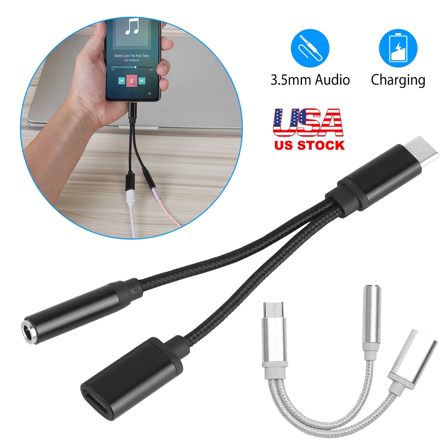 LJGelectro - USB Type C to 3.5mm Aux Audio Charging Adapter Braided TPE Metal Shell Headphone Jack Splitter Cable Wire Charger