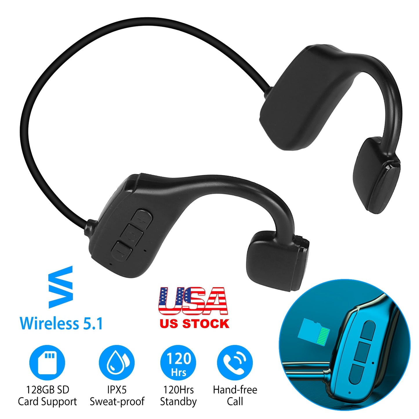 LJGelectro - Wireless V5.1 Bone Conduction Headphone Open Ear Sports Wireless Headset with Mic IPX5 Sweatproof