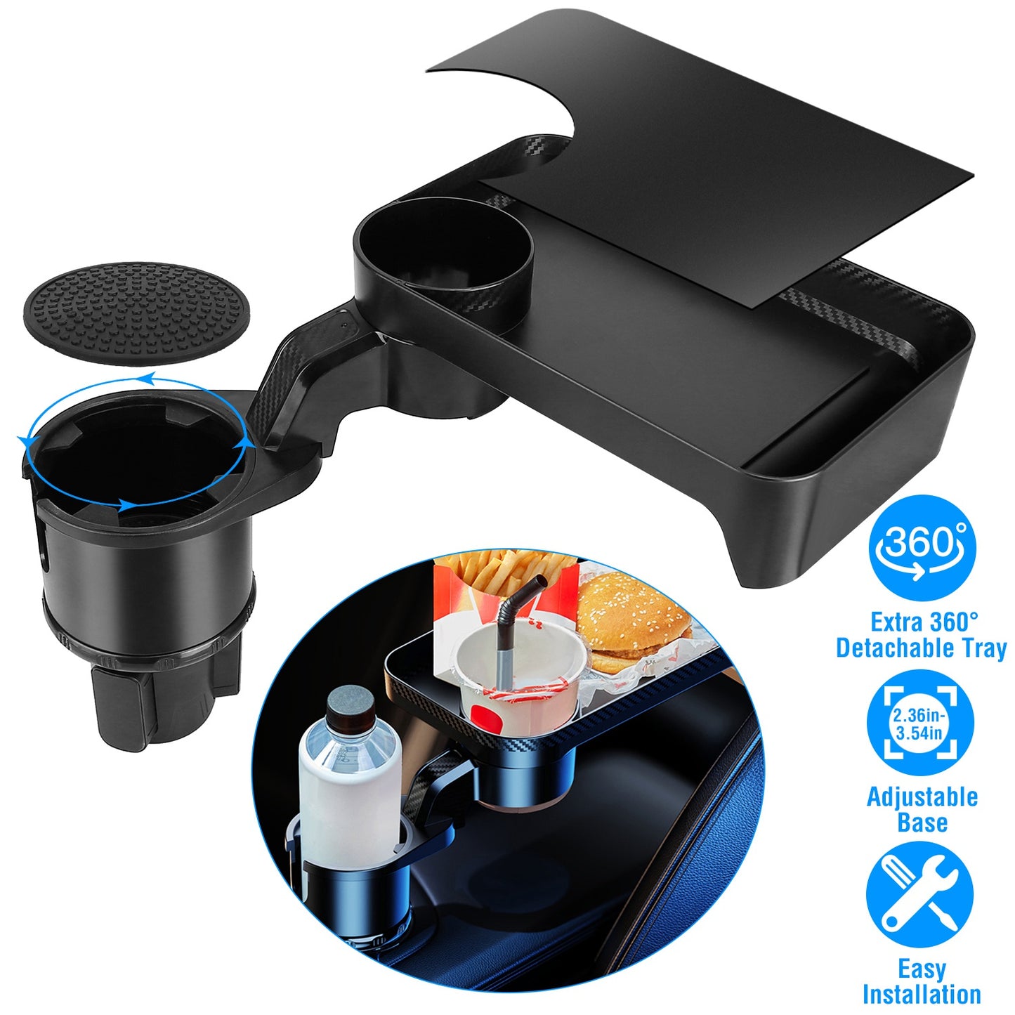 LJGelectro - Car Cup Holder Tray 360° Rotating Car Bottle Holder Expander Adapter Multifunctional Water Cup Mount Stand with Detachable Tray