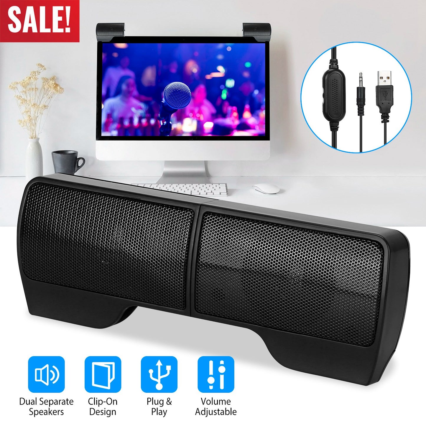 LJGelectro - Clip-On Computer Sound Bar Portable USB Stereo Mini Wired Speaker w/ Volume Control 3.5mm Jack For Desktop Computer Laptop Notebook PC Tablets Plug An