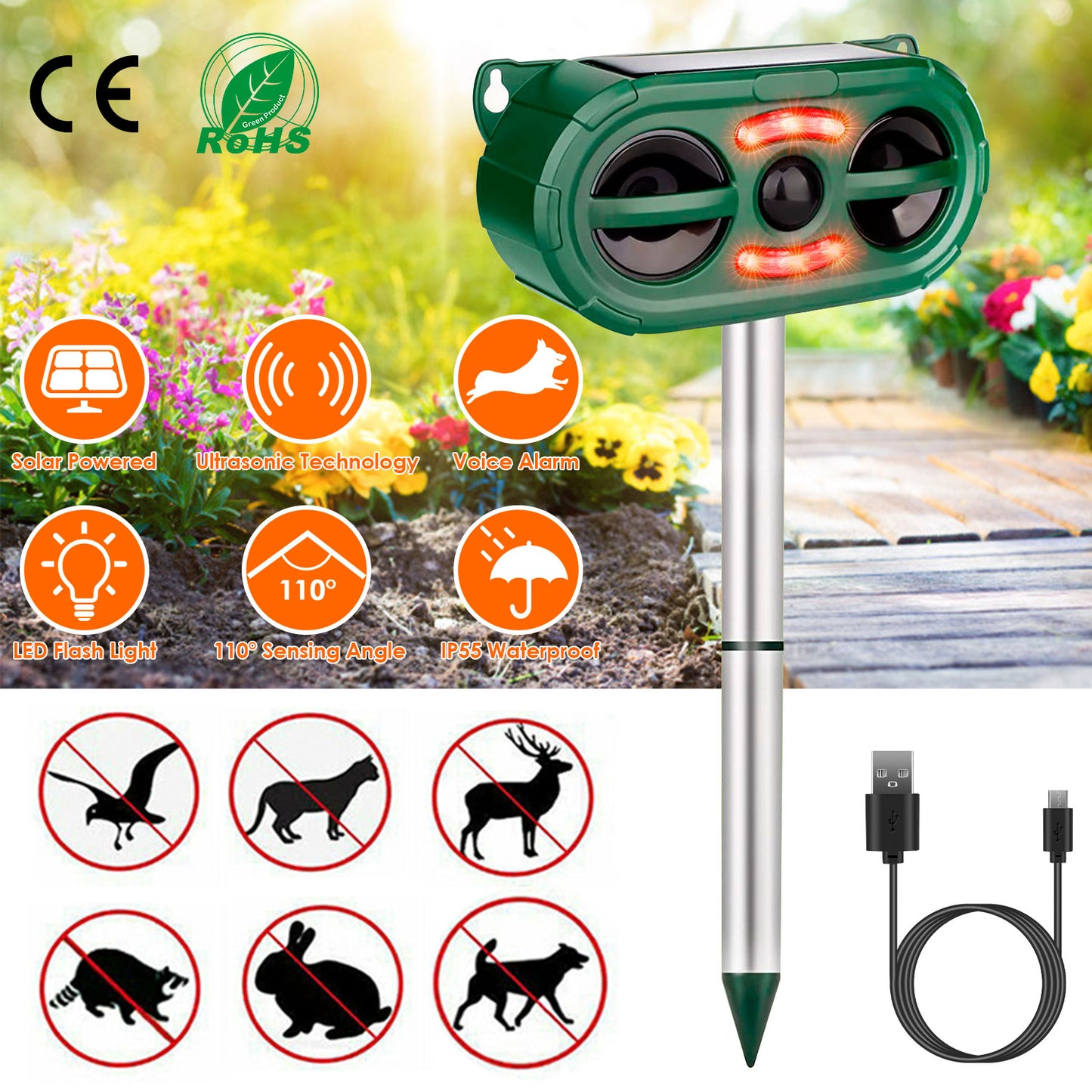 LJGelectro - Solar Ultrasonic Animal Repeller Motion Sensor Animal Repellent USB Animal Chaser IP66 Waterproof for Farm Garden Yard to Drive Deer Raccoon Squirrel