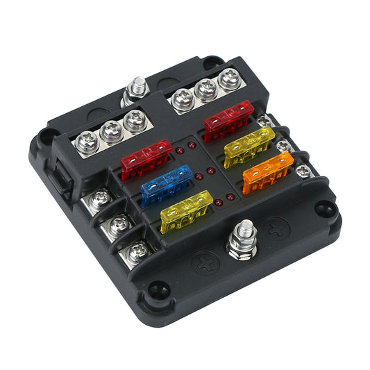 LJGelectro - 6-Way Fuse Box Holder w/ LED Indicator 6 Circuit Blade Fuse Block Sticker Label For 12-32V Automotive Boat Car SUV Marine