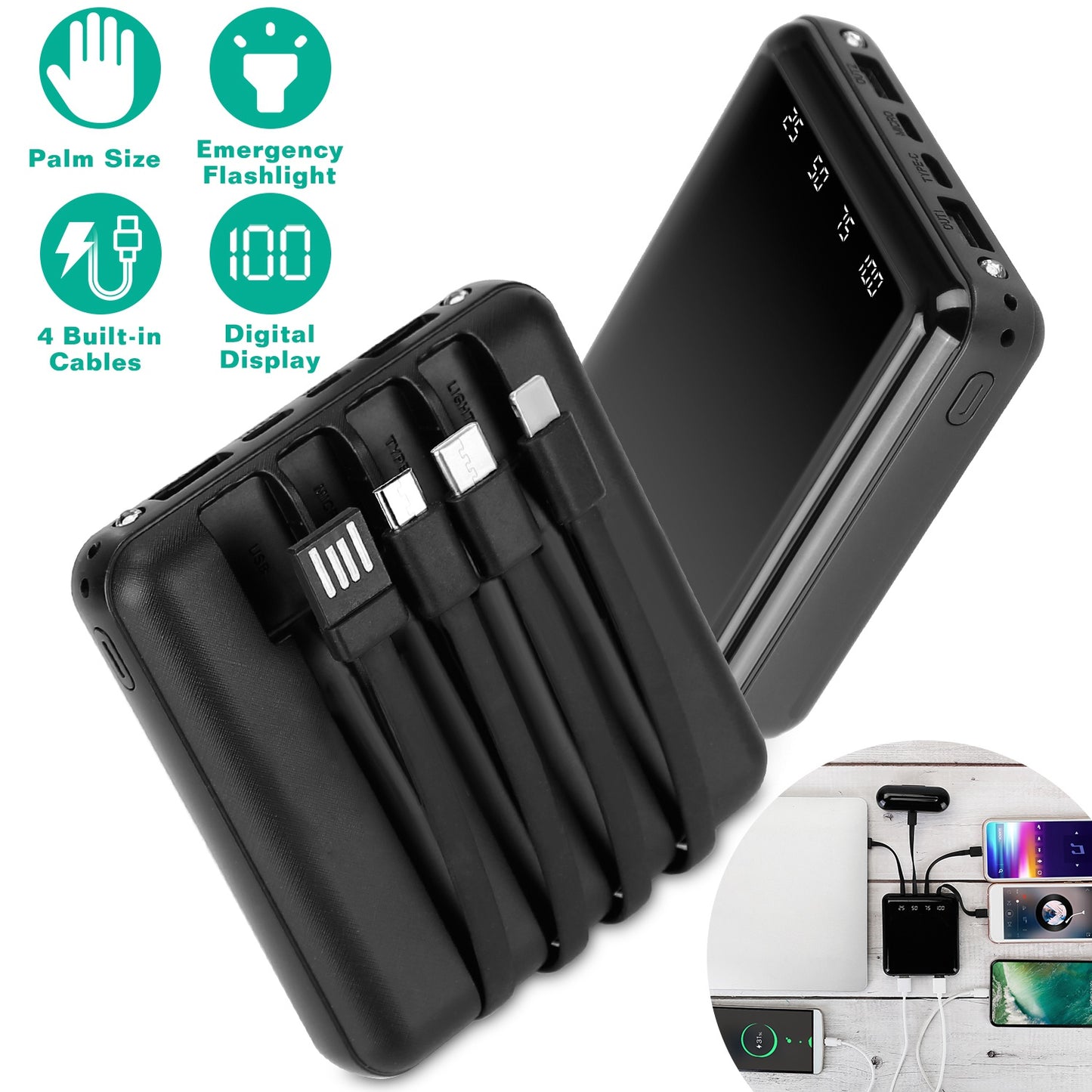 LJGelectro - 10000mAh Portable Charger Power Bank External Battery Pack w/ 4 Built-in Cables w/ LED Flashlight